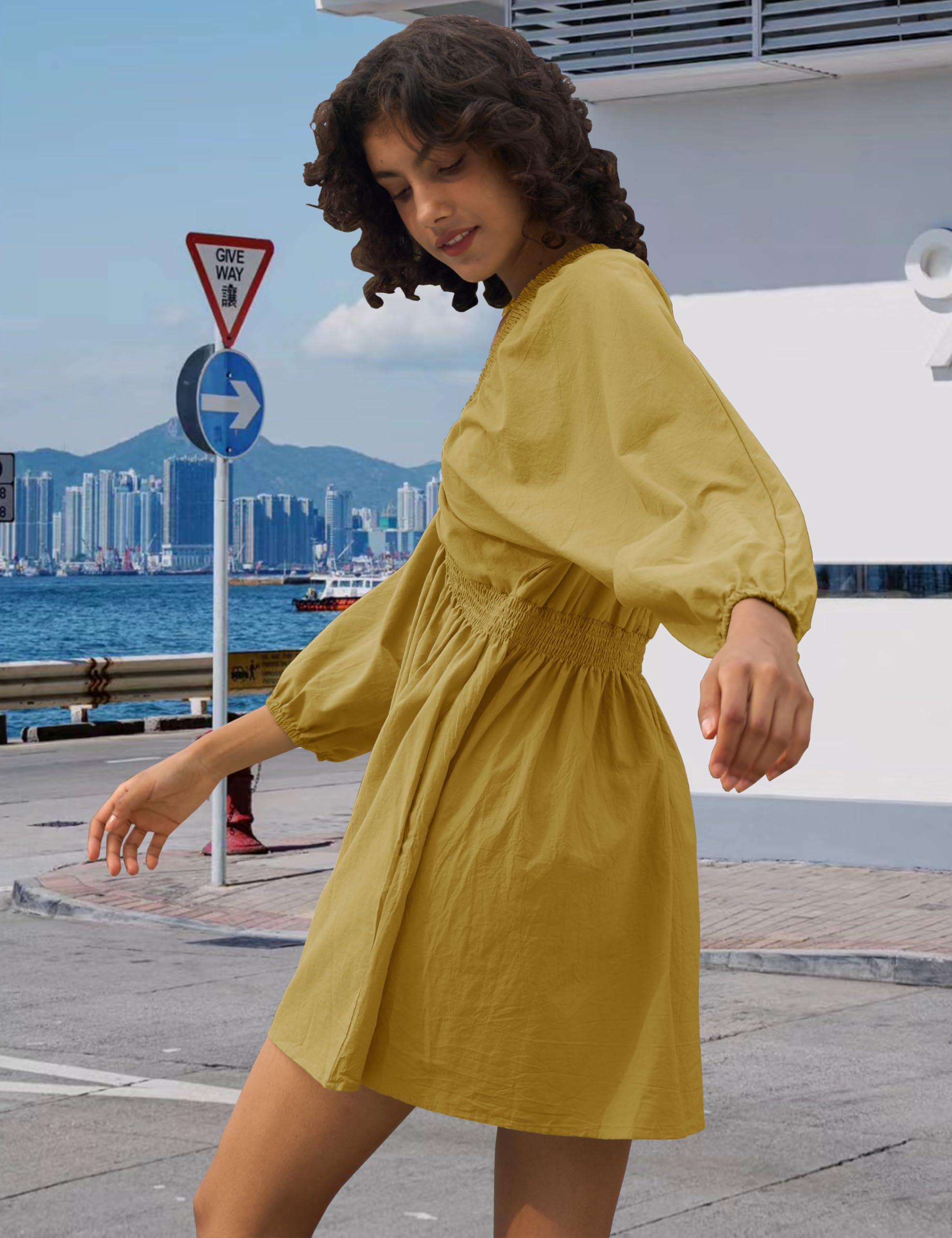 Vestido tipo túnica sexy de manga larga con cuello en V para mujer, casual, holgado, con vuelo, mini vestido recto