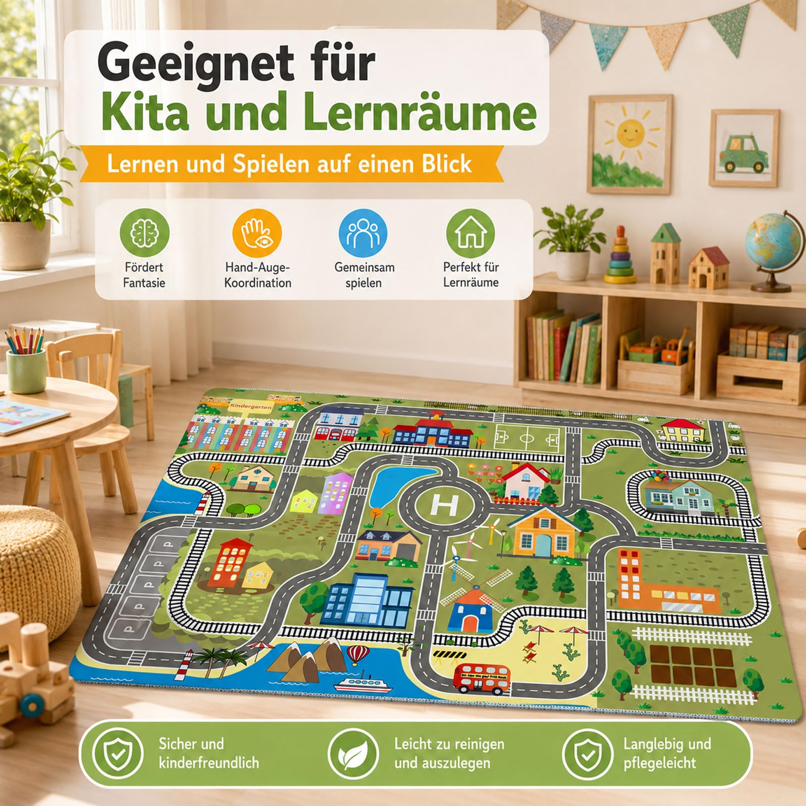 Kinder spielteppich Auto Jungen & Mädchen Teppich Straßenteppich Bauteppich Stadtstadt Lernbereich Teppich Pädagogischer Antirutsch für Kinderzimmer Grau Blau Grün(B,120X180CM)