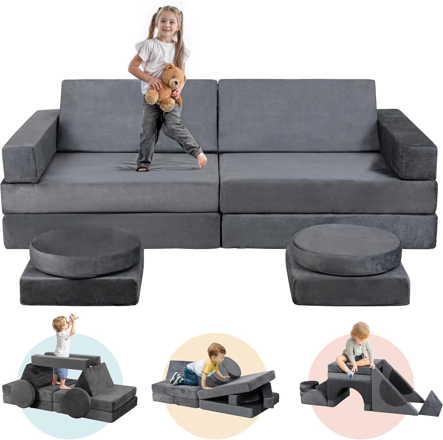 Nuturelly 18 PCS Modular Play Couch Kids Couch Fort Building for Toddler Child Sectional Sofa 320+DIY Convertible Foam and Floor Cushion for Boys and Girls Bedroom and Playroom Furniture