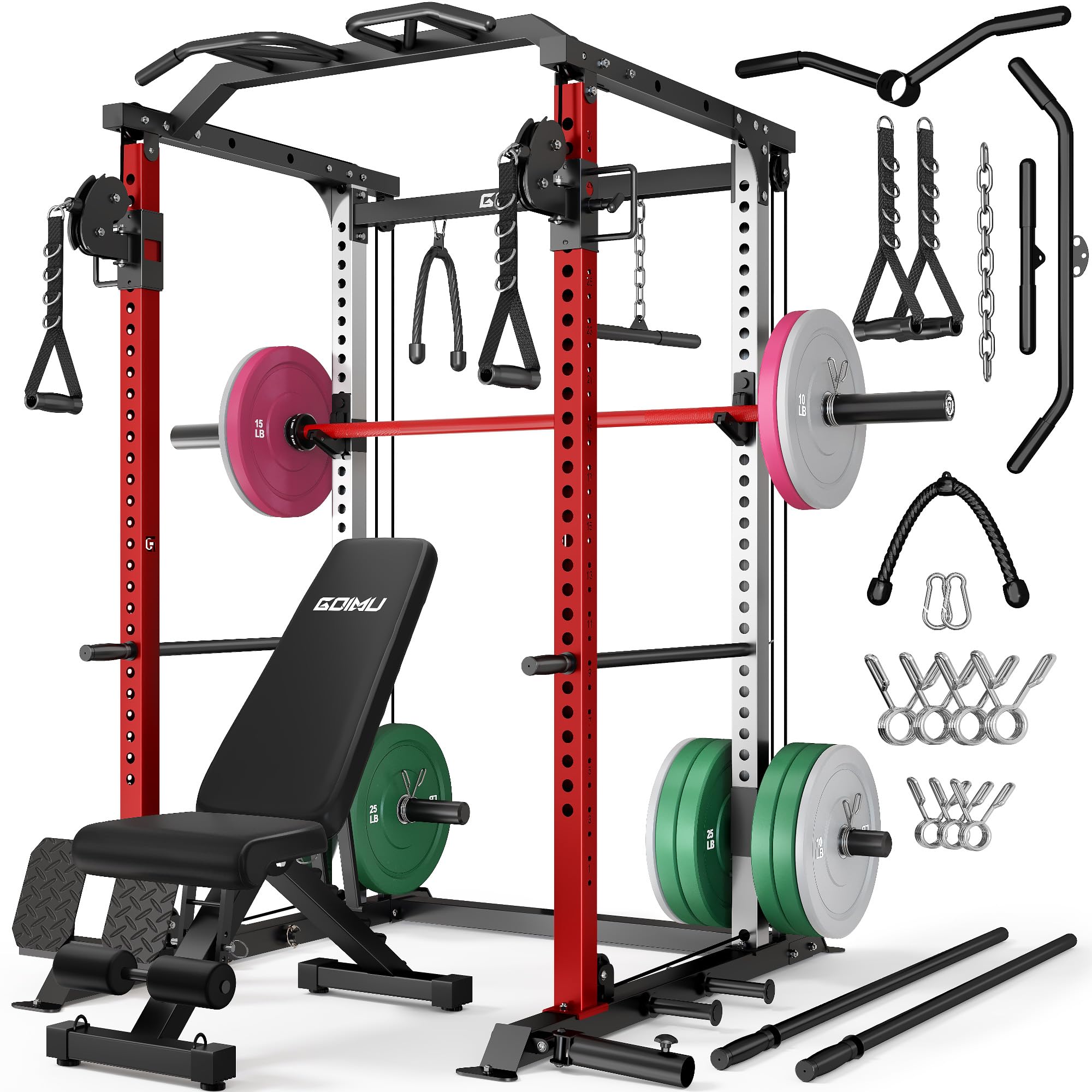 DP01 Power Cage, 2000LBS Squat Rack with Cable Crossover and Dual Independent Pulley System, Full Cage for Full Body Training, Power Rack with More Training Attachments for Home Gym