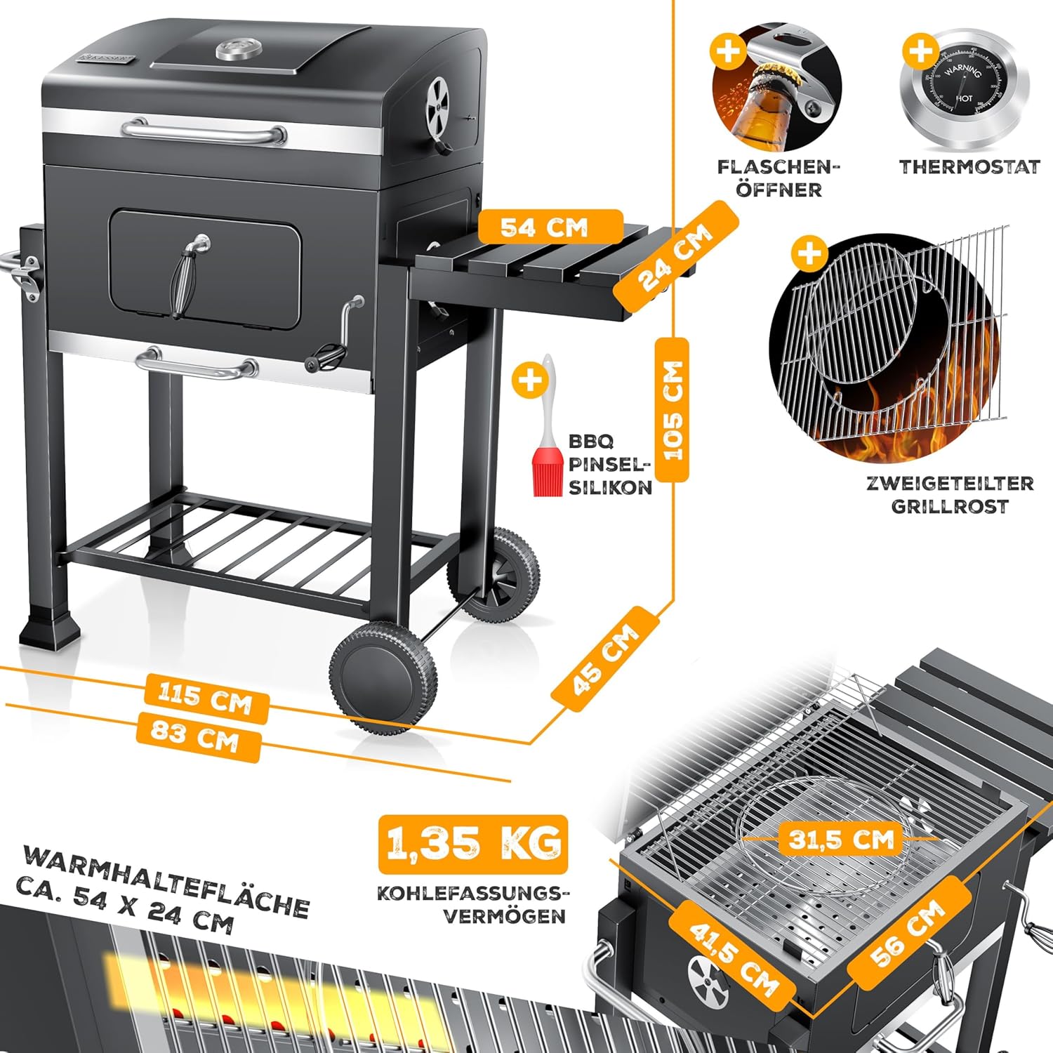 KESSER® Grill Trolley XXL Charcoal Grill with Lid, Wheels, Stainless Steel Handle, Grill Grate and Thermometer Charcoal Grill (Grey/Silver)