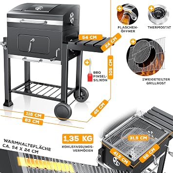 KESSER Grill Trolley XXL Charcoal Grill with Lid, Wheels, Stainless Steel Handle, Grill Grate and Thermometer Charcoal Grill (Grey/Silver)