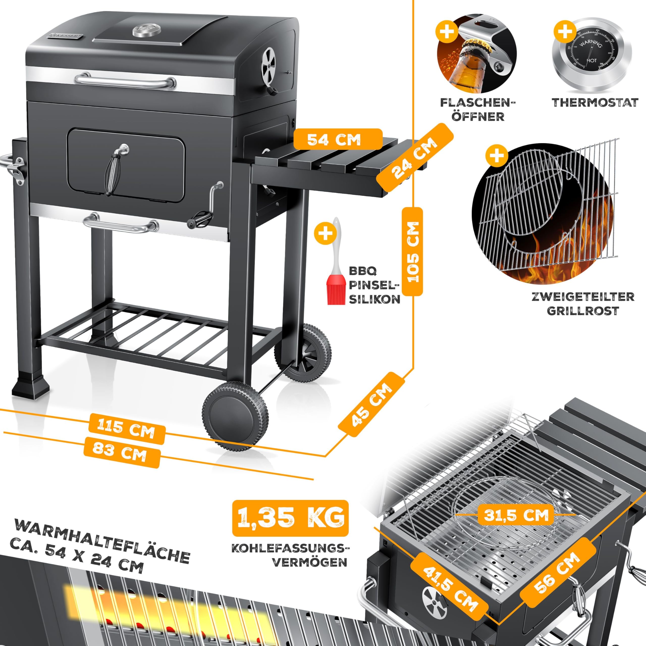 KESSER® Grill Grillwagen BBQ Smoker XL Holzkohlegrill mit Deckel, Rädern, Edelstahl-Griff, Grillrost, Thermometer, & Silikon-Pinsel, Standgrill, Kohlegrillwagen
