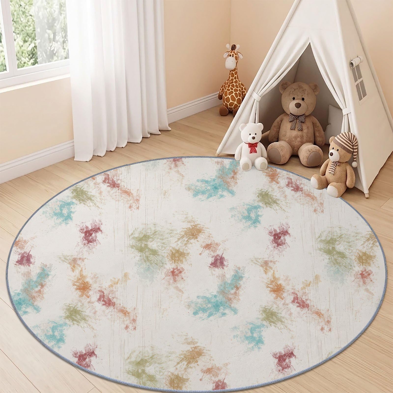 Tapis Rond Abstrait Moderne 120 cm, Éclaboussure Géométrique Lavable en Machine pour Salon, Multicolore Antidérapant, Poil Court Tapis Rond Imprimé pour Chambre d’Enfant Nurserie
