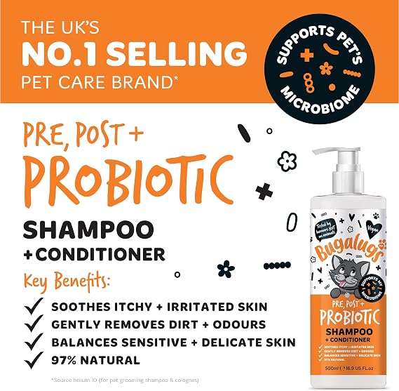 Bugalugs Cat Shampoo for Itchy Skin with Prebiotics & Probiotics for cats - kitten and cat shampoo for indoor cats for sensitive skin supports your pets Microbiome (Shampoo 500ml)