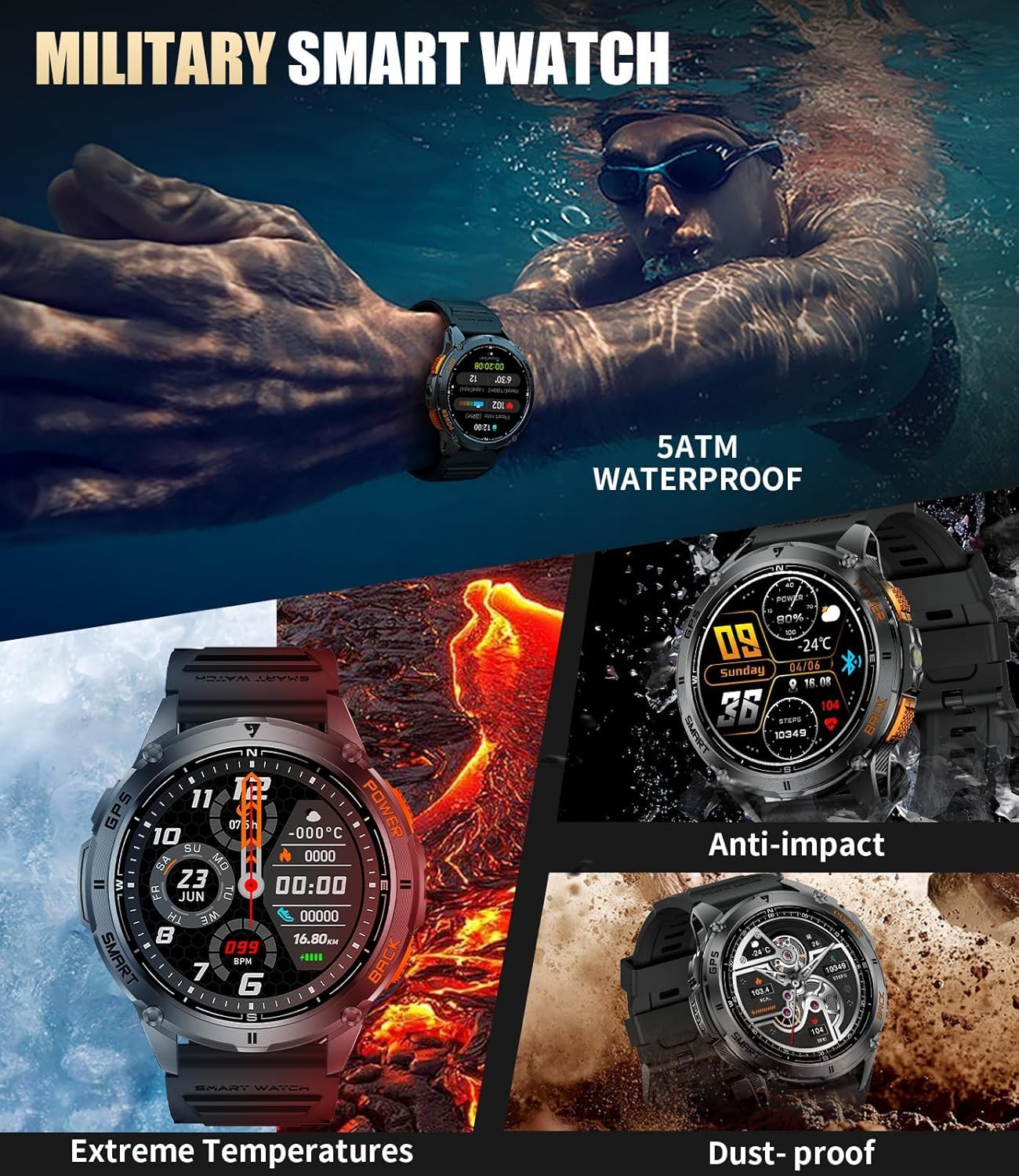 LIGE Integriertes GPS Smartwatch Herren, 1,43 Zoll AMOLED Smart Watch mit LED Taschenlampe for Android & iOS, 5ATM Wasserdicht, 300+ Zifferblätter, Kompass/Höhenmesser, 170+ Sportmodi, Graphitschwarz
