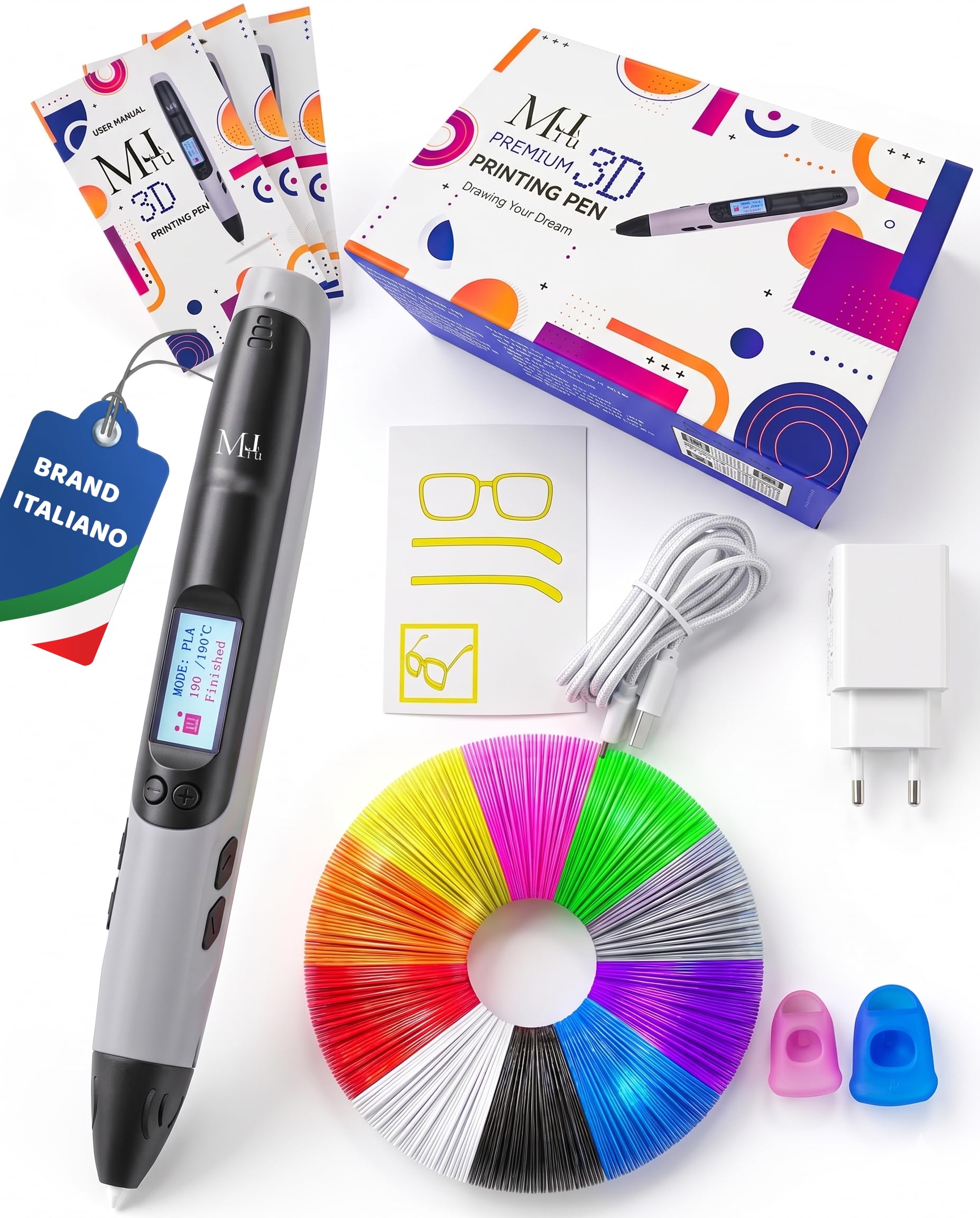 MiLù Penna 3D con Display OLED a Colori + Kit 27m filamenti PLA + stencil | + protezioni per le dita, alimentatore USB-C + guida illustrata digitale in regalo | Penna 3D bambini | Stampa 3d