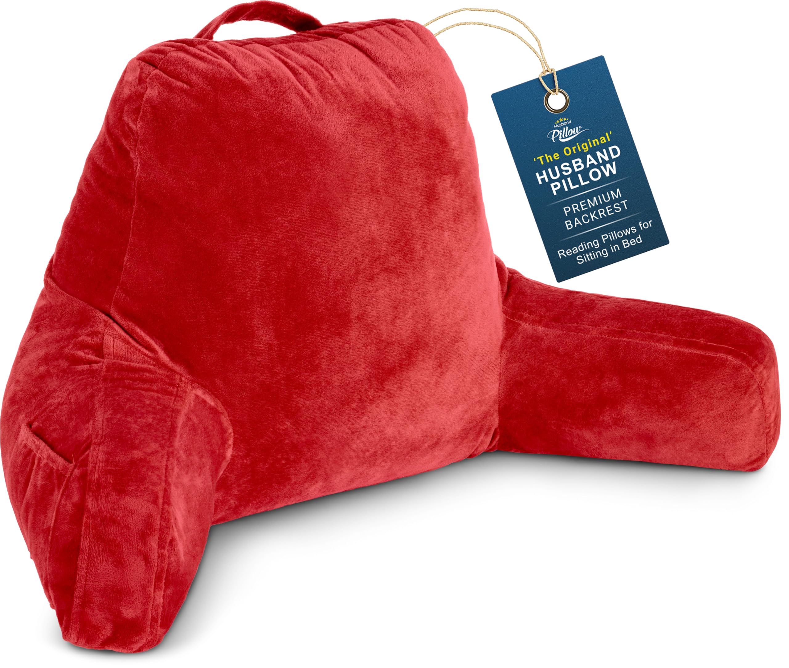 Husband Pillow Red, Original Reading Pillow in Bed Rest Chair, Shredded Memory Foam Large Lounge Cushion Adult Backrest with Arms, Comfy Back Support for Sit Sitting Up, Washable/Removable Cover