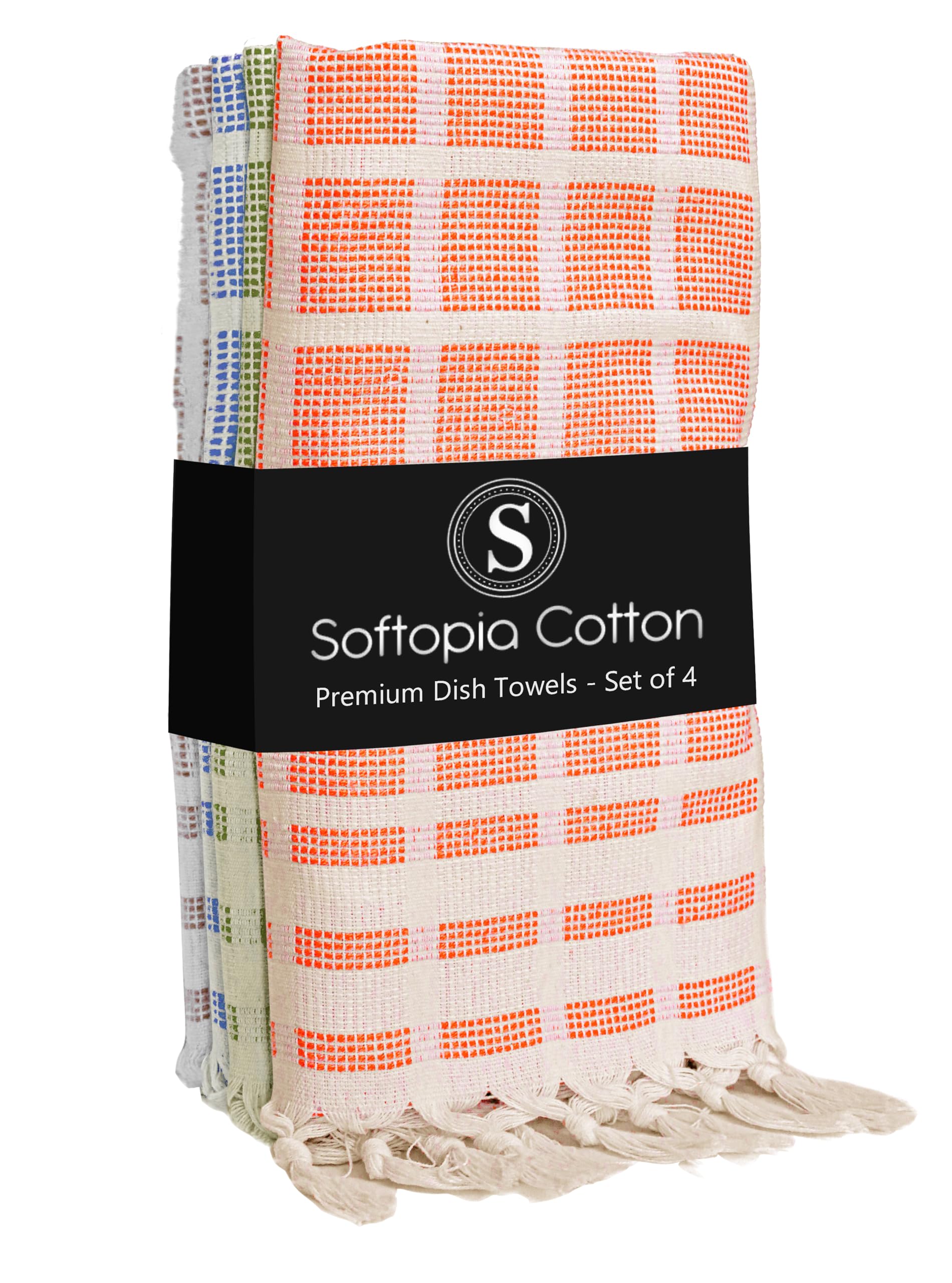 Matrix Dobby Kitchen Towels Set of 4, 100% Cotton, Combo Pack, 16"x26", Absorbent Tea Towels with Handmade Tassels, Reusable Cleaning Cloths - Orange, Mint Green, Sky Blue, Beige