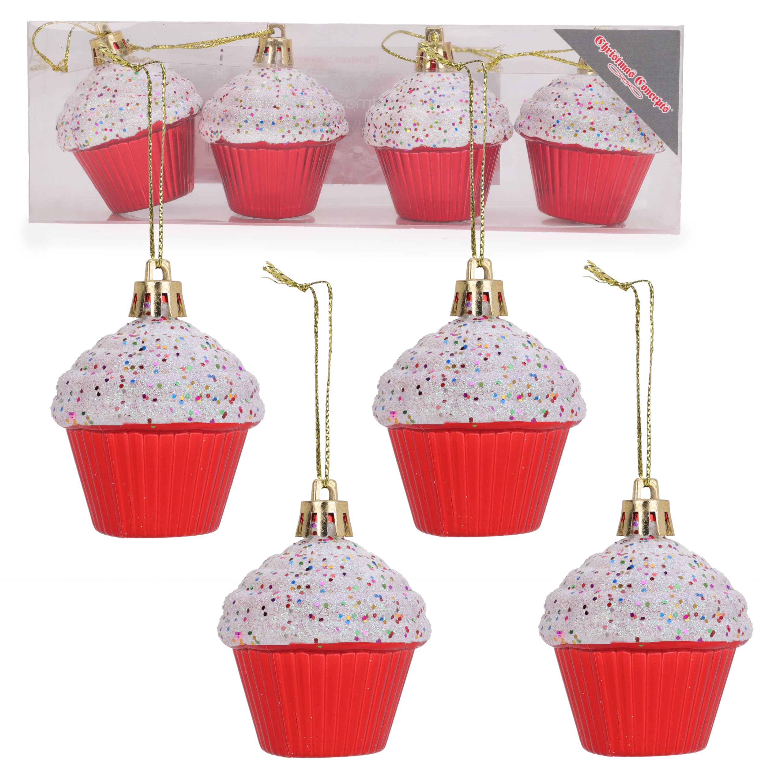 Christmas Concepts® Pack of 4-60mm (2.3") Red Glittery Festive Cupcake Baubles - Christmas Tree Decorations