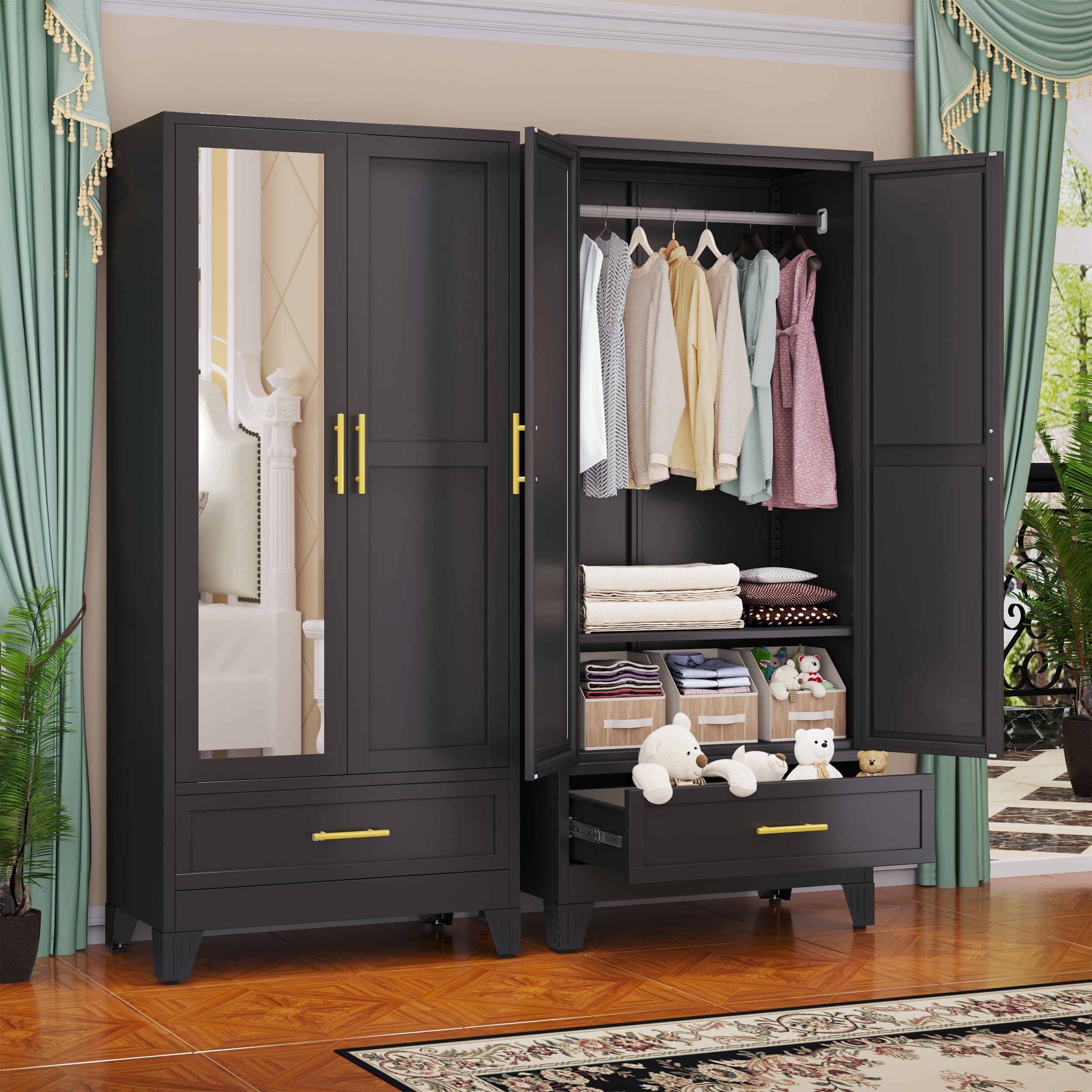 GAIOUS Steel Armoire Wardrobe Closet with Mirror Door and Drawer 71" Black