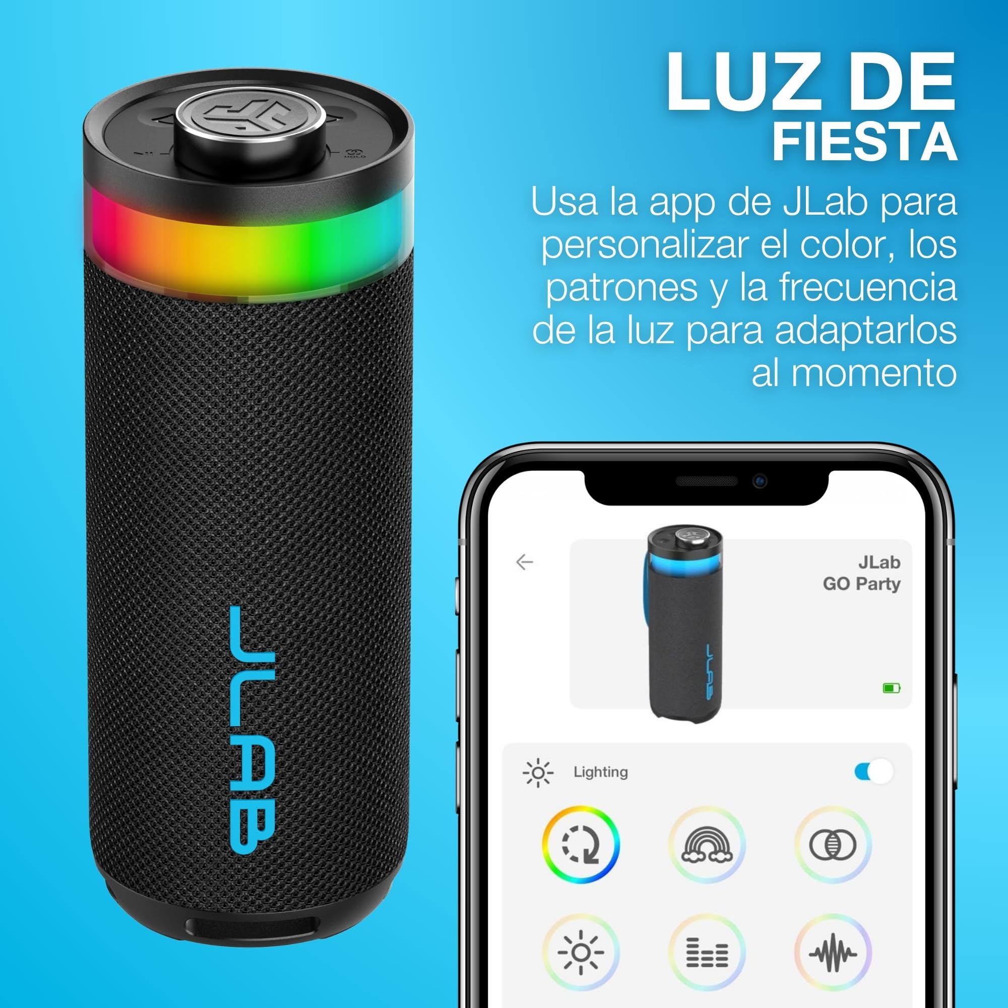 JLab Go Party Altavoz Bluetooth Portátil con 16H+ de Autonomía - Altavoz Inalámbrico 10W para Exterior y Viajes con Luces RGB y Sonido Lab Quality, Resistente al Agua IP56, Negro