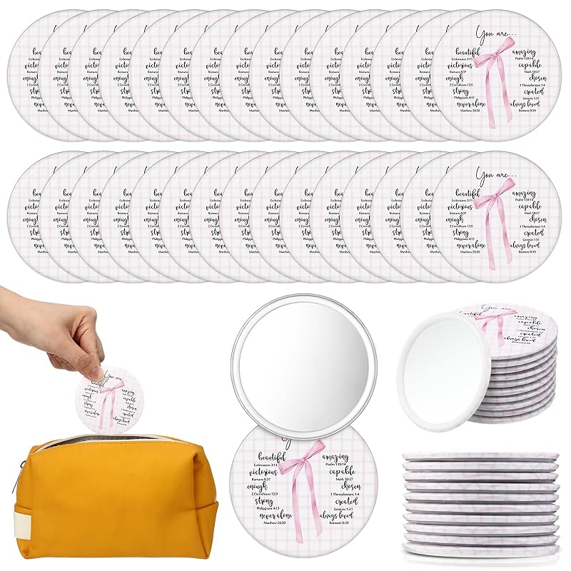 Espelhos compactos redondos Yalikop com estampa de laço rosa e versículos bíblicos, Pacote com 30