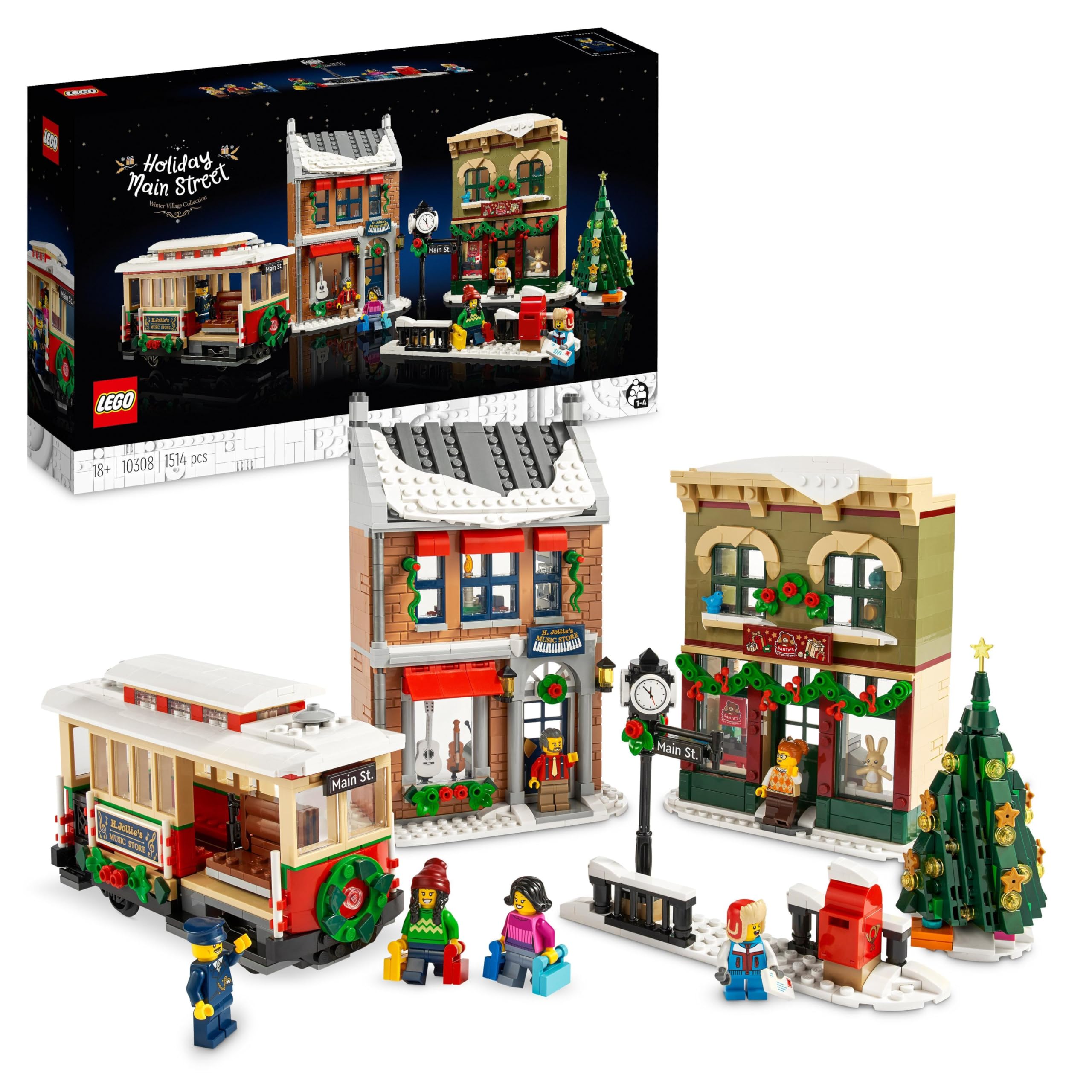 LEGO 10308 Icons Weihnachtlich geschmückte Hauptstraße, Winterdorf Modellbausatz mit Straßenbahn, Geschäften, Zubehör und Weihnachtsdekoration