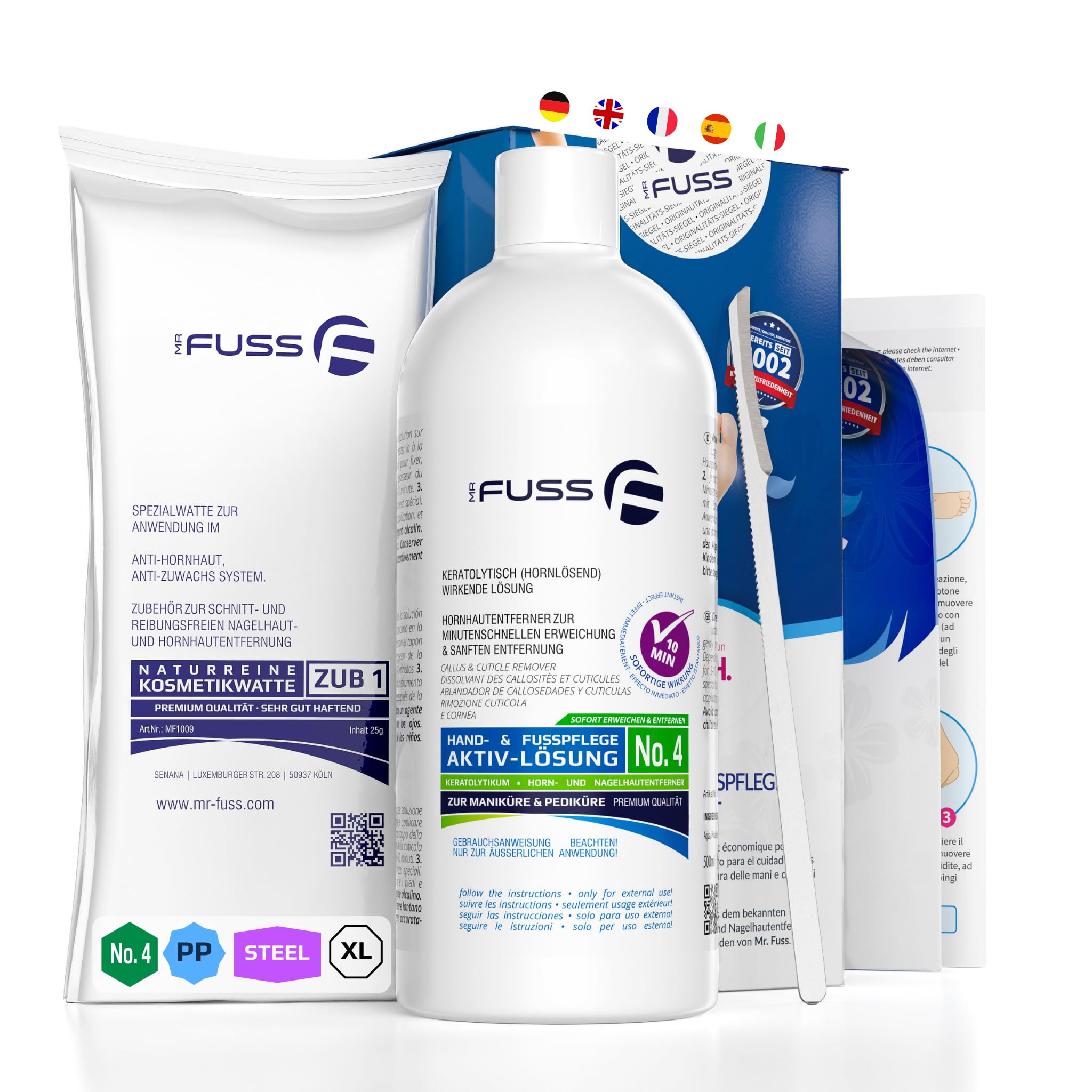 Mr. Fuss® N.º 4 Plus Pack Steel - Eliminador de cutículas y cutículas (3 piezas, solución activa, suavizante rápido, 500 ml, algodón, raspador de acero inoxidable)