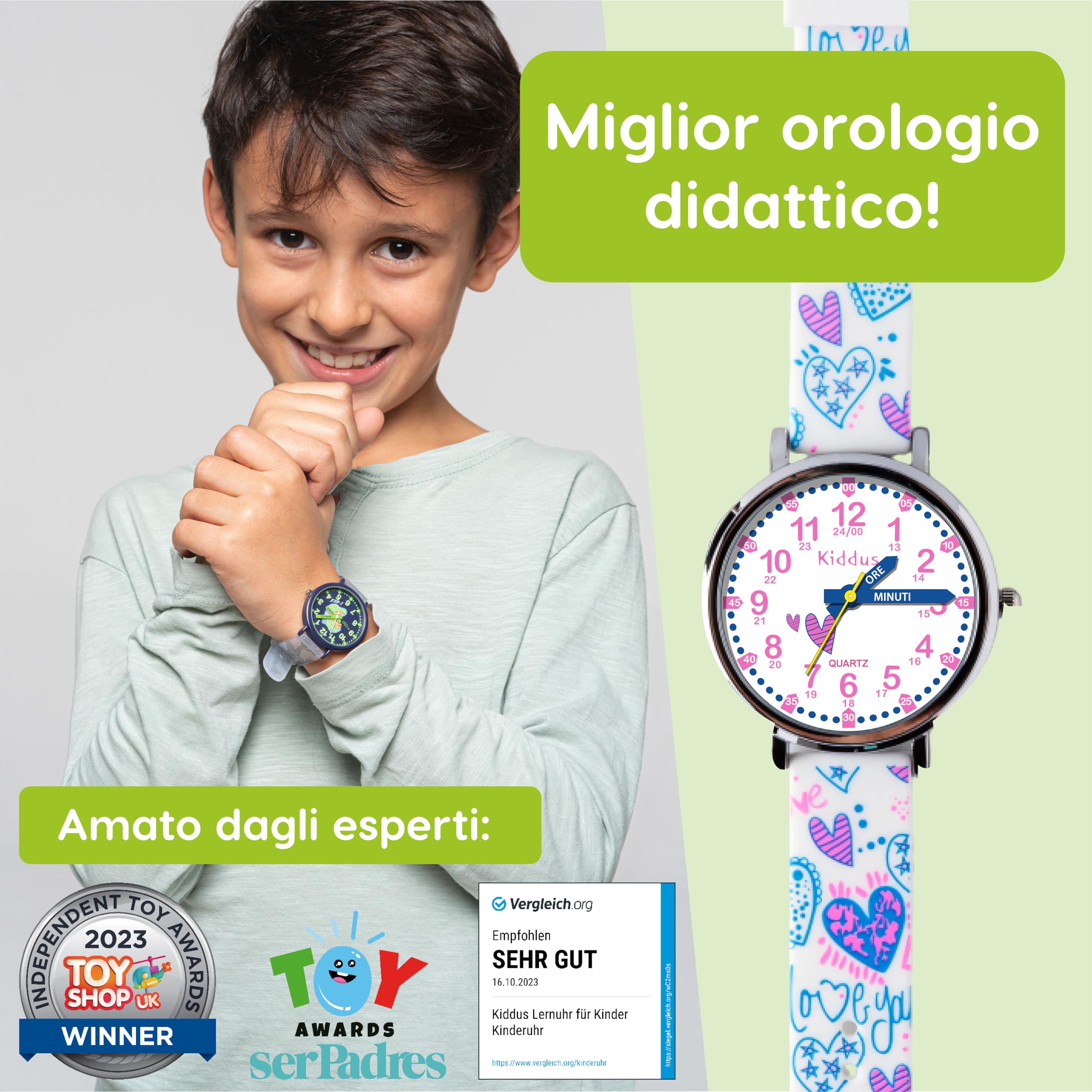 Kiddus Reloj Educativo Infantil para Niño y Niña a Partir de 5 Años, Sumergible 5ATM, Reloj Analógico para Aprender la Hora, Mecanismo Japonés