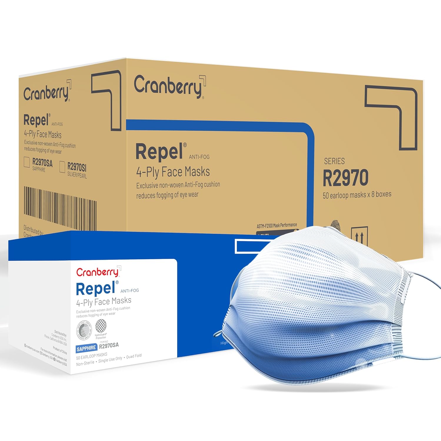 Cranberry USA R2960SAcase Repel 4-Ply Ear Loop Face Mask, ASTM Level 3, Sapphire (Pack of 400),Silver