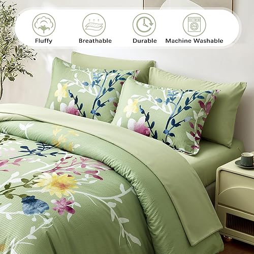 Miniatura 3 de Juego de edredón de 7 piezas, color verde salvia, tamaño King, diseño floral de sirsaca suave, para todas las estaciones, juego de ropa de cama