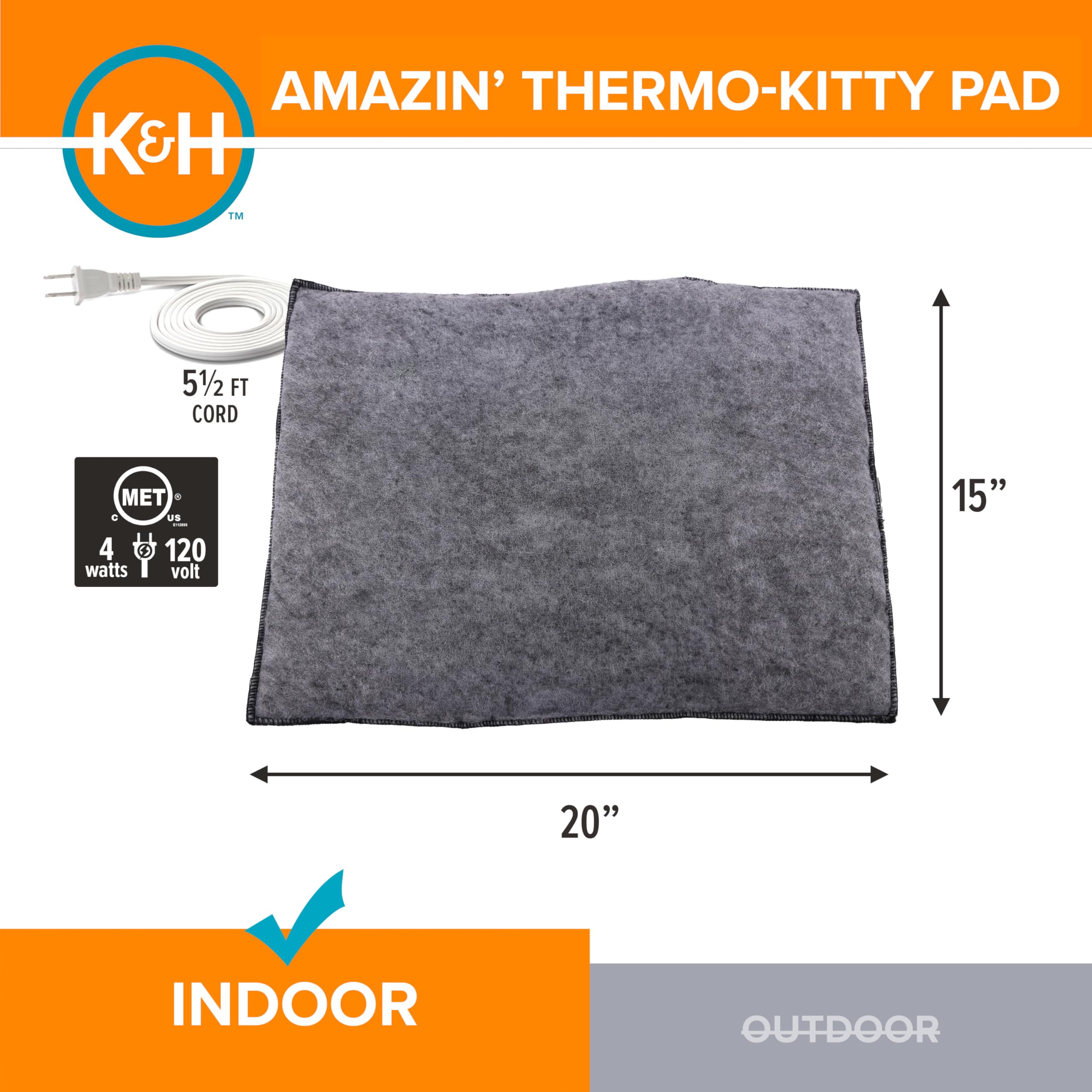 K&H PET PRODUCTS Amazin Kitty Pad Beheiztes Katzenbett für den Innenbereich, fängt Tierhaare und Schuppen EIN, waschbare Katzenmatte, grau, 38,1 x 50,8 cm, beheizt, 1 Stück