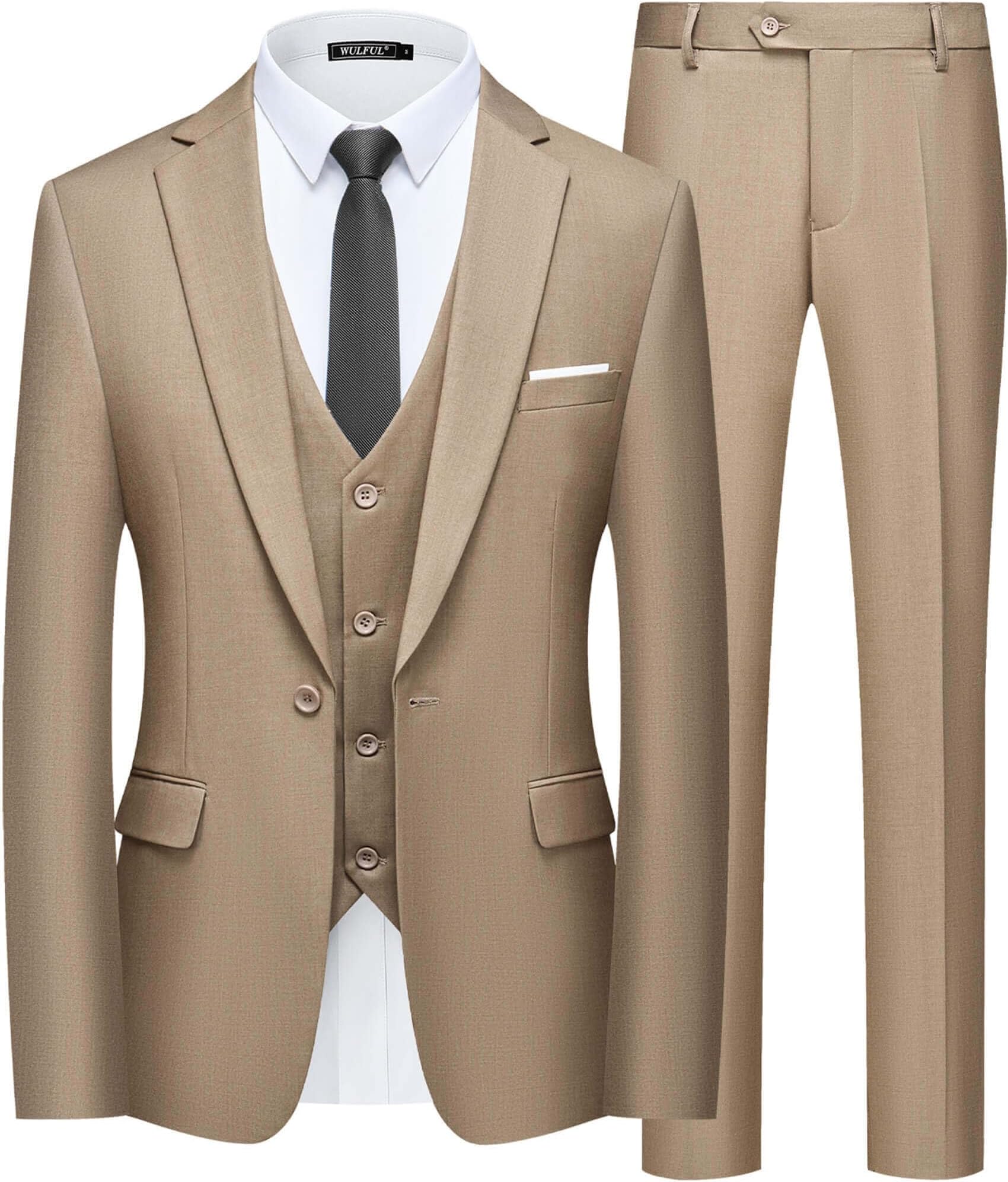 WULFUL Men's Slim Fit Suit 3 Piece One Button Business Suit Wedding Party Jacket Vest Pants