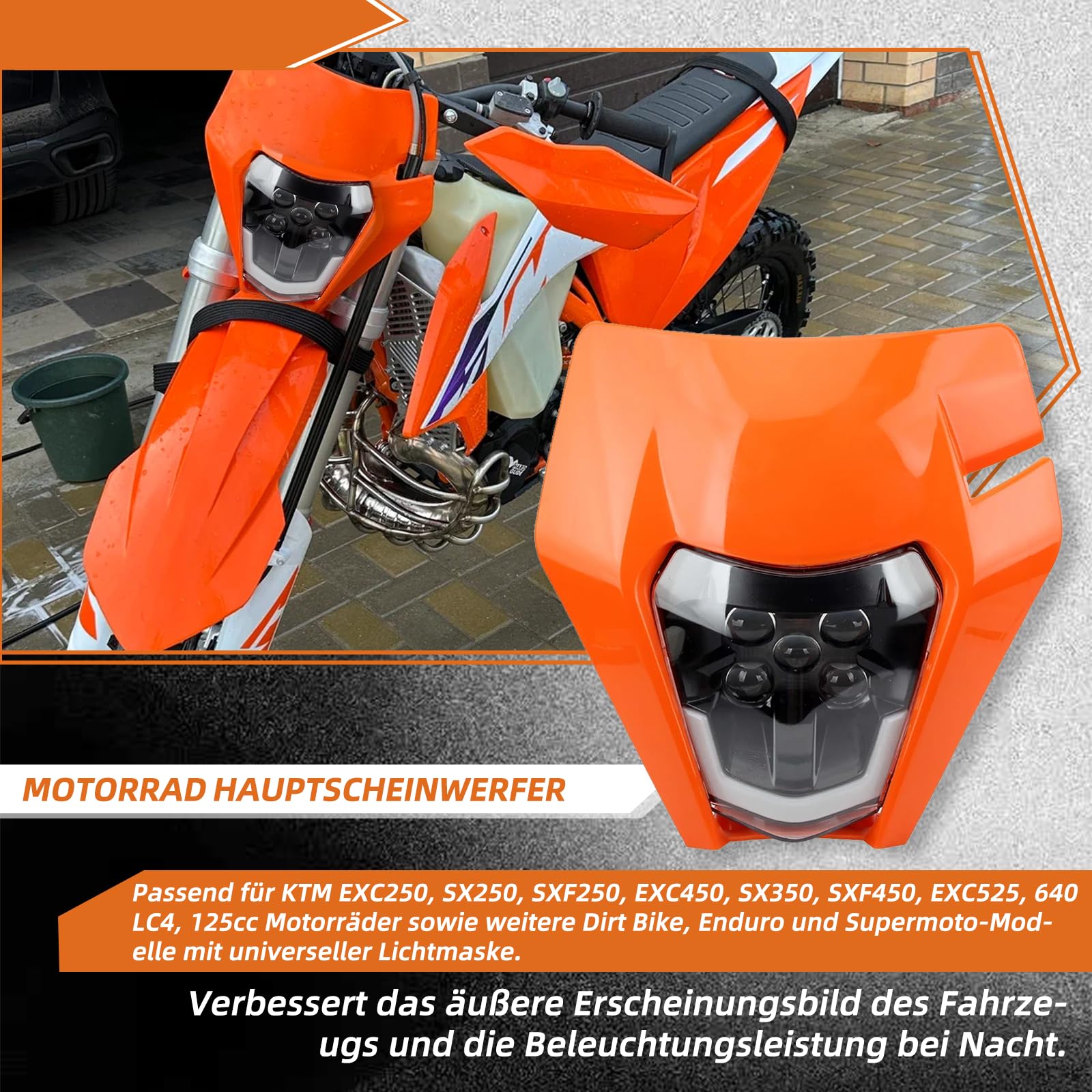 Motorrad Scheinwerfer LED Hauptlicht für KTM EXC250 SX250 SXF250 EXC450 SX350 SXF450 EXC525 640LC4 125cc Enduro Supermoto Offroad Dirt Bike (Orangerot)