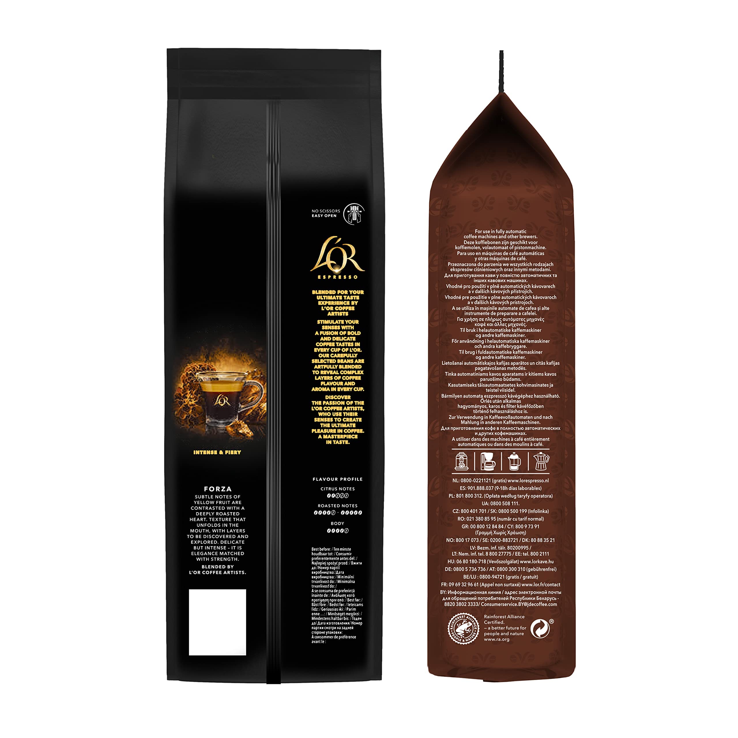 L'OR Espresso Forza Café en Grano Natural 100% Arábica - Intensidad 9 | 4x500g & Espresso Forza Café en Grano Natural 100% Arábica - Intensidad 9 | 500g