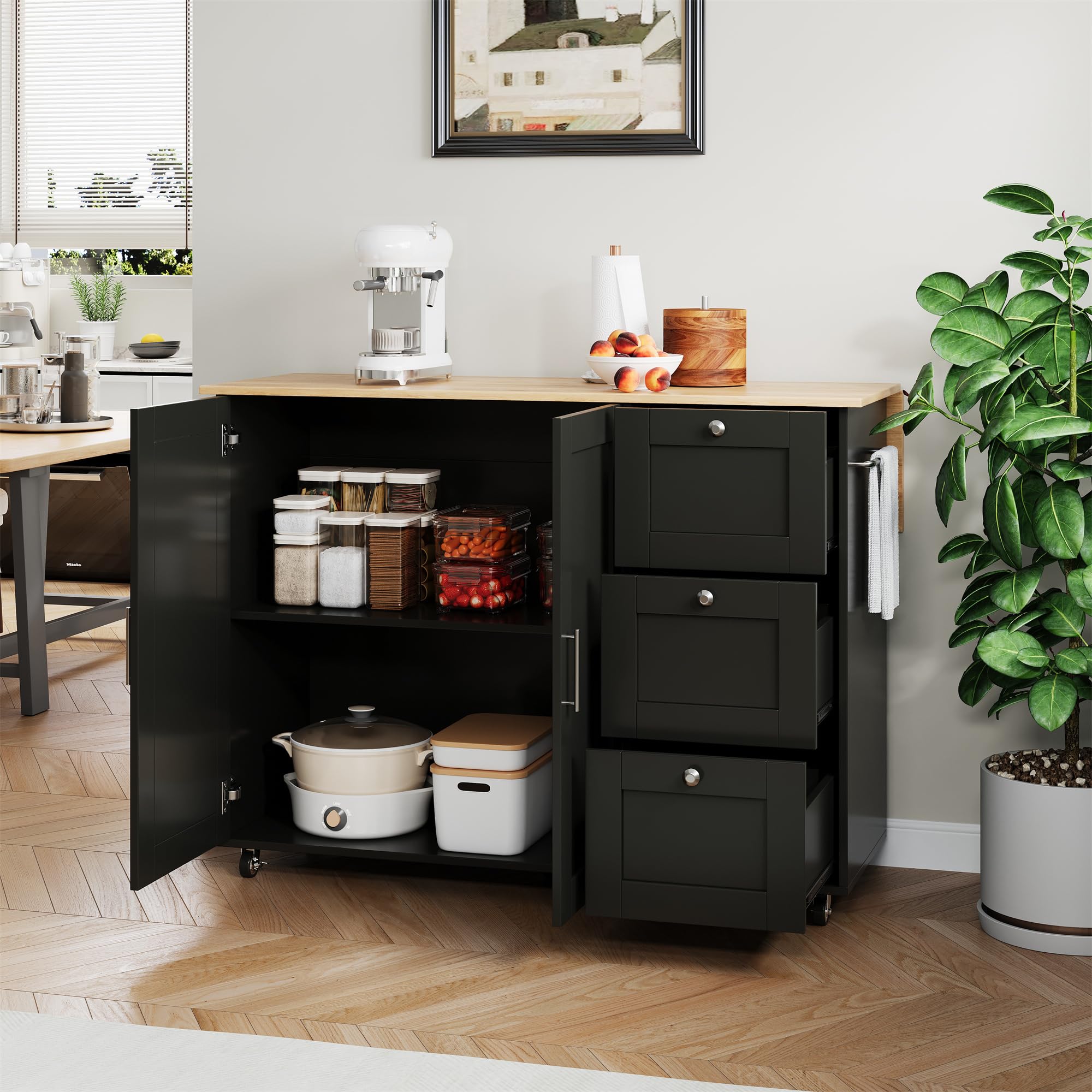 KecDuey Isla de cocina, 135 x 44 (70) x 90 cm, mueble de cocina, carrito de cocina, mesa de cocina móvil grande, encimera de madera de roble, diseño plegable, 3 cajones, toallero (negro)
