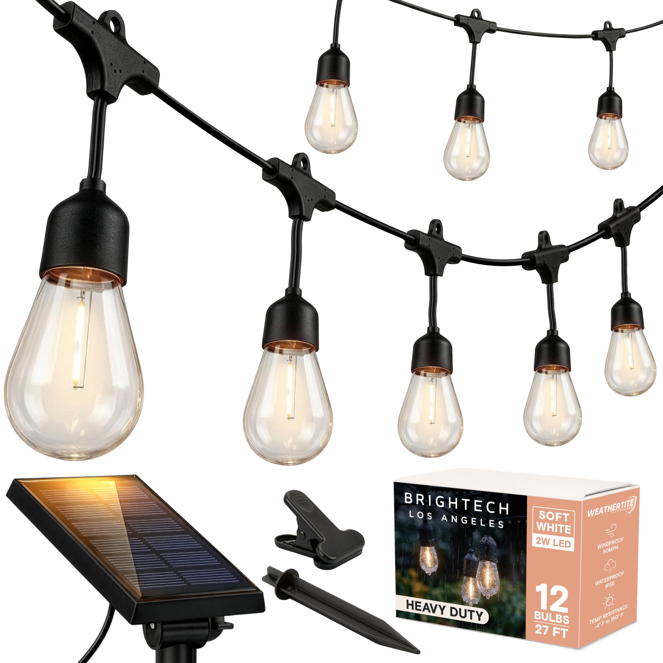 Brightech Ambience Pro Solar - 27 Ft Edison Bulb Outdoor String Lights - Hanging 2W LED Patio Lights Create Old Italian Market Look & Feel in Your Yard - Commercial Grade Waterproof & Weatherproof