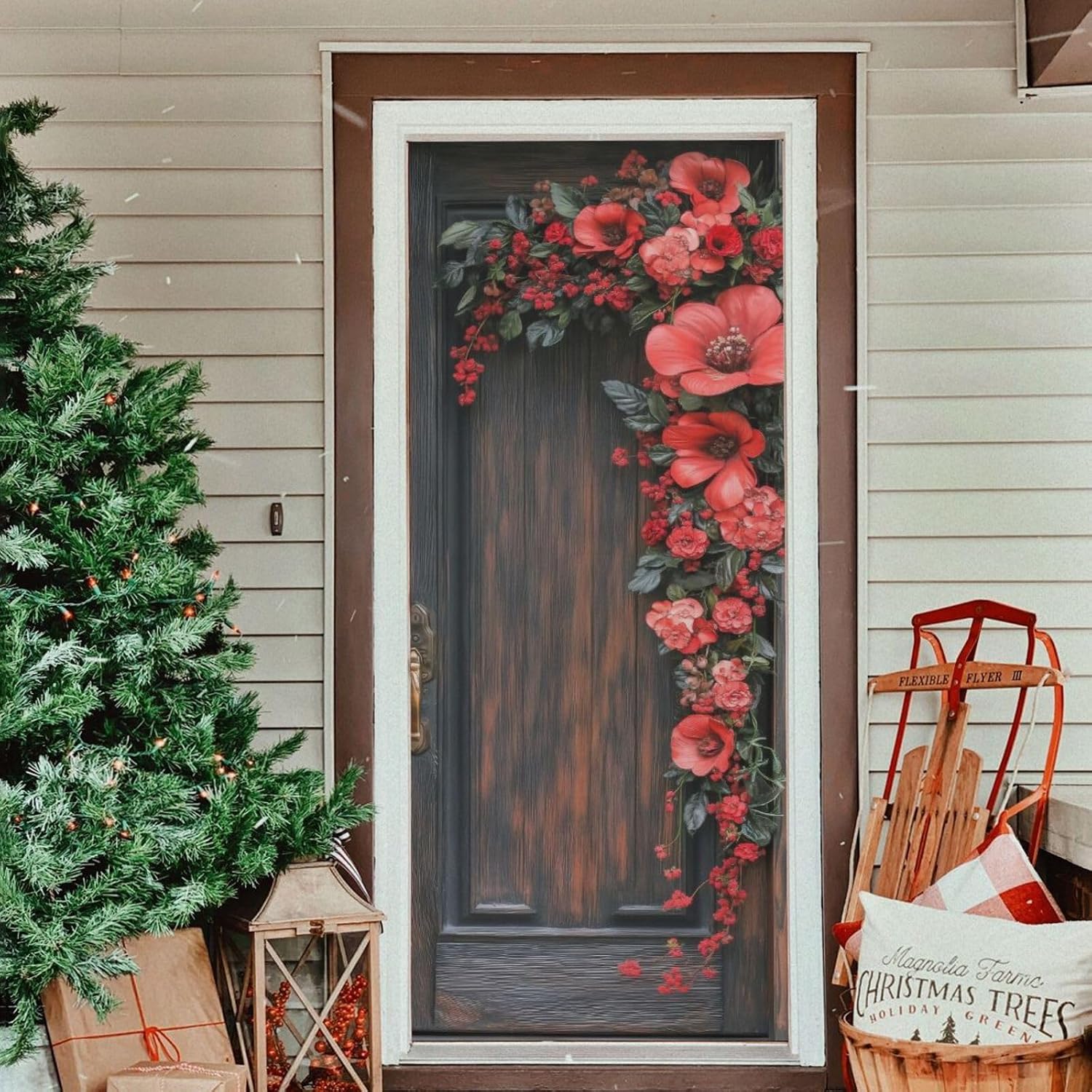 Burbuja Valentine Flowers Wood Door Cover, Stretch Fabric Backdrop Door Porch Covers for Home Party Holidays Decoration, 35x79 In