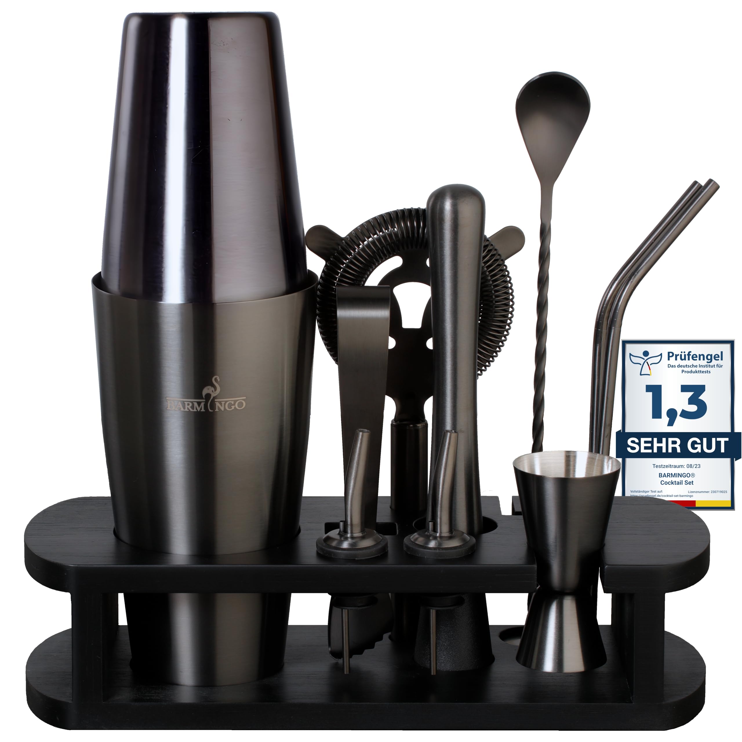 Edelstahl Cocktail Set 11tlg – 825ml Boston Cocktail Shaker Set mit Ständer und Bar Zubehör, Cocktailshaker Set | Barkeeper Set | Cocktail Mix Set | Barset | Boston Shaker Set | Schwarz