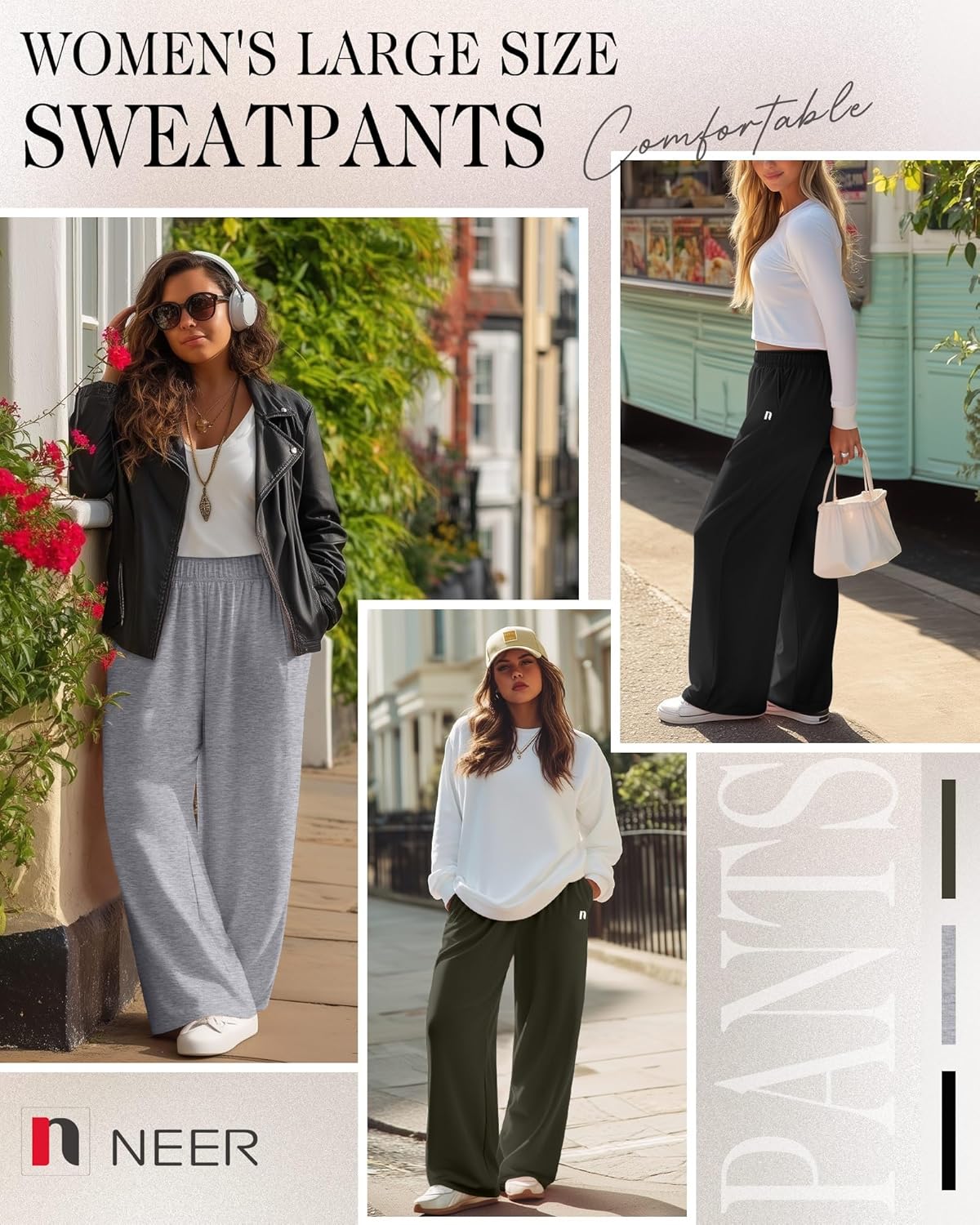 Neer 3 Packs Women's Plus Size Wide Leg Sweatpants High Waist Elastic Waistband Lounge Pants with Pockets - Image 6