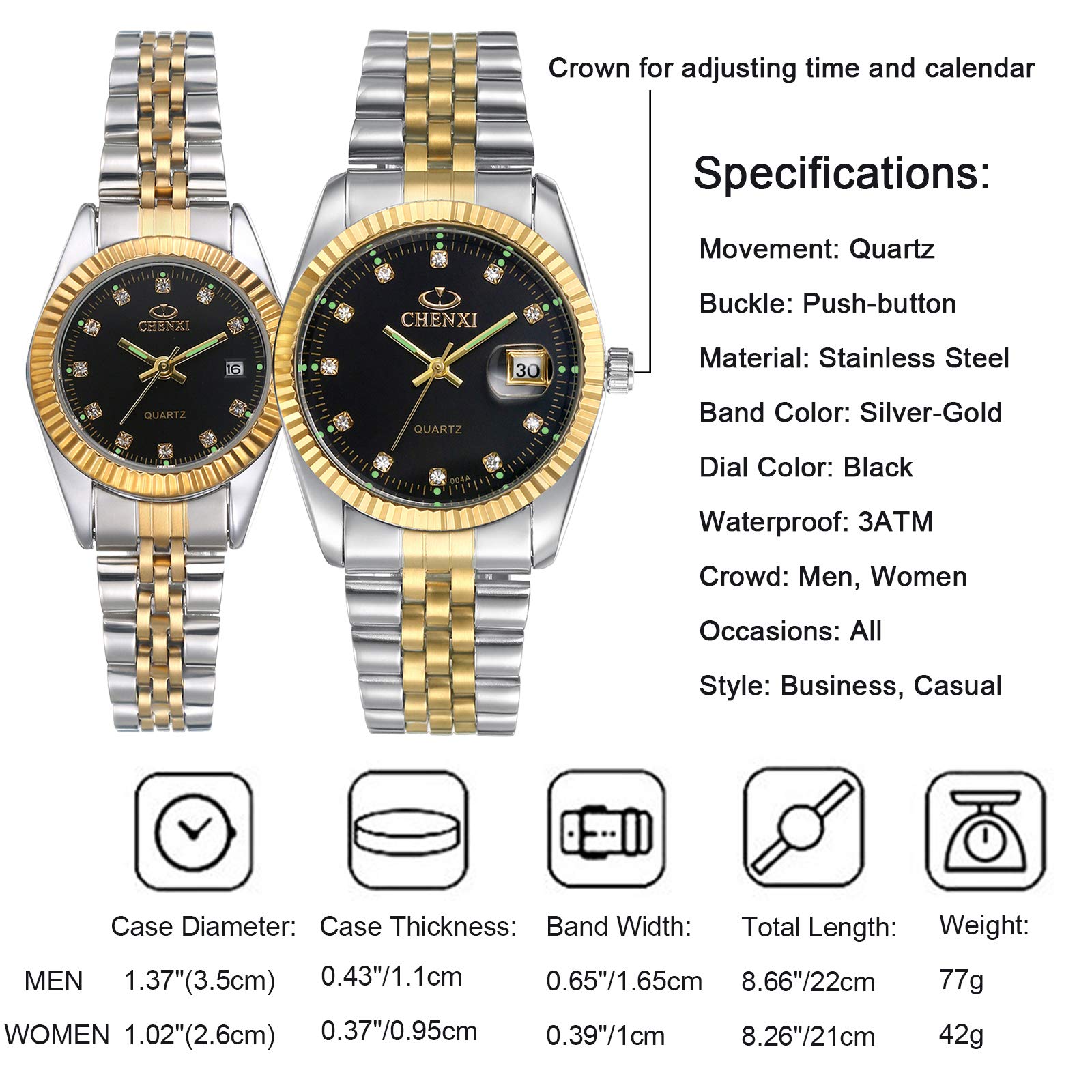 JewelryWe Coppia di orologi al quarzo analogici, con calendario impermeabile fino a 30 m, cinturino in acciaio inox, per uomo e donna, con quadrante con strass