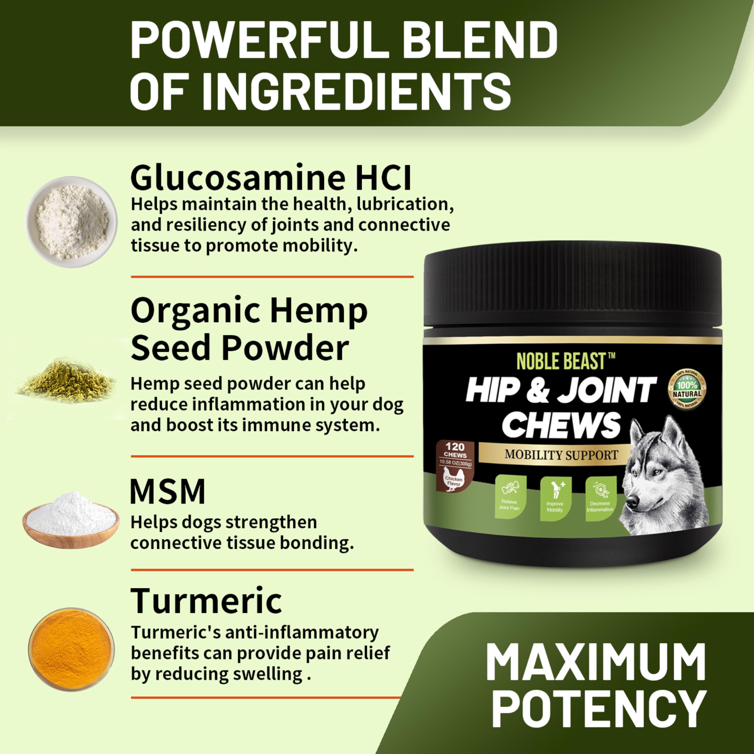 Noble Beast Dog Joint Supplement - Hip and Joint Care for Dogs - All Natural - Soft Chews with Glucosamine, Chondroitin, MSM & Hemp for Dog Joint Relief - Chicken Flavor – 120 Count - image 2