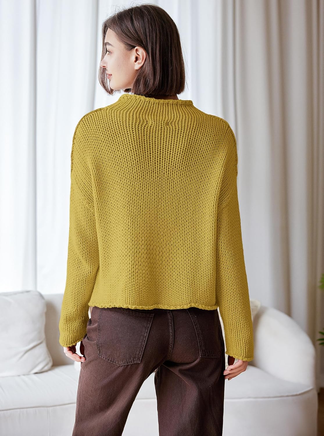 Panadila Womens Mock Neck Cropped Sweater Oversized Chunky Knit Pullover Sweaters Fall Long Sleeve Sweater Tops - Image 6