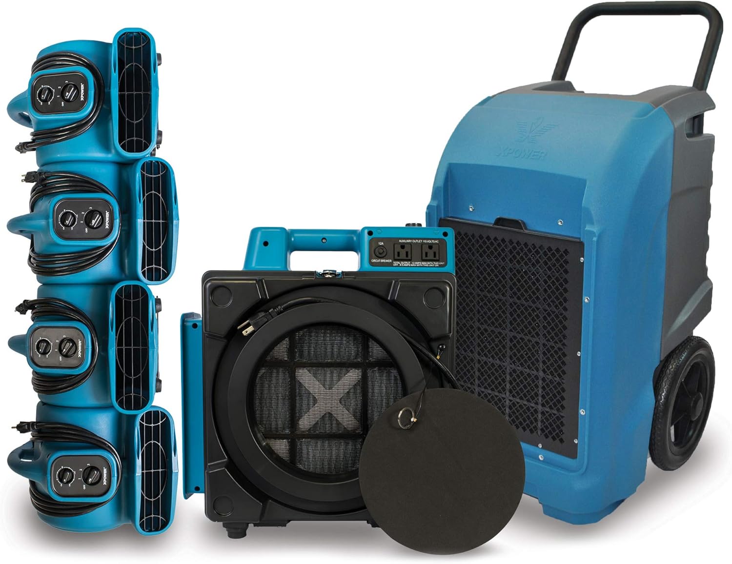 XD-125 Commercial Water Flood Damage Restoration Package for Home Garage Basements Restrooms Restaurants Crawl Spaces-Includes 4 Mini Air Movers,Dehumidifier,Mini HEPA Air Scrubber-Blue