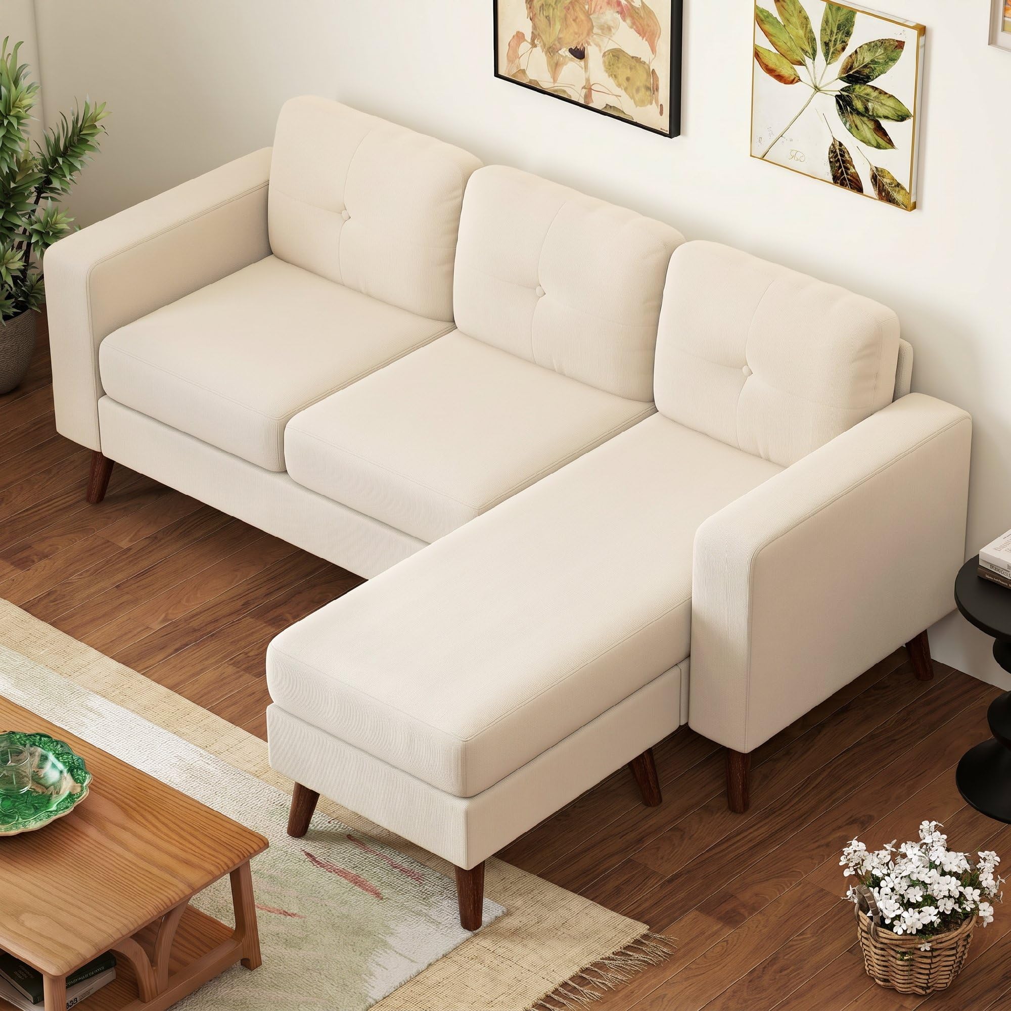HOMCOM Sofá Chaise Longue Reversible 3 Plazas 192x137x84 cm Crema | Sofá Esquinero en Forma de L, Tapizado en Pana, Marco de Acero, para Espacios Reducidos, Salón