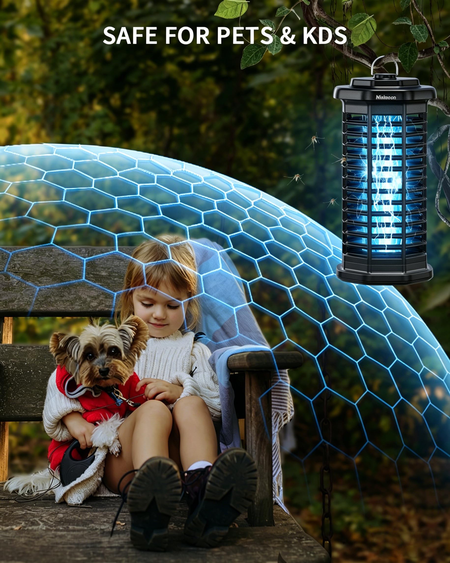 Minimoon Bug Zapper Outdoor 4000 V Potężny elektryczny zapłon na komary, 15 W, do użytku na zewnątrz, IPX4, z kablem do wewnątrz, na patio, na kemping