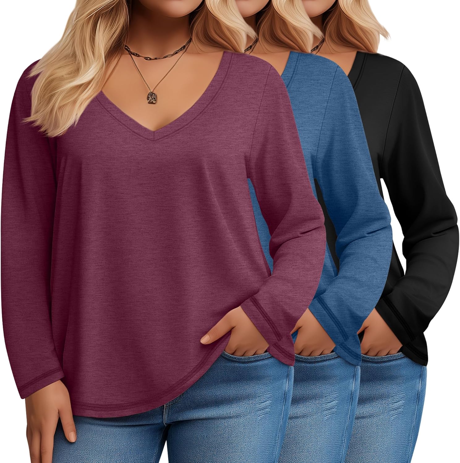 Evervibe 3 Pack Women's Plus Size T Shirts, Casual Long Sleeve Tops V Neck Basic Shirts Fall Loose Fit Soft Tops