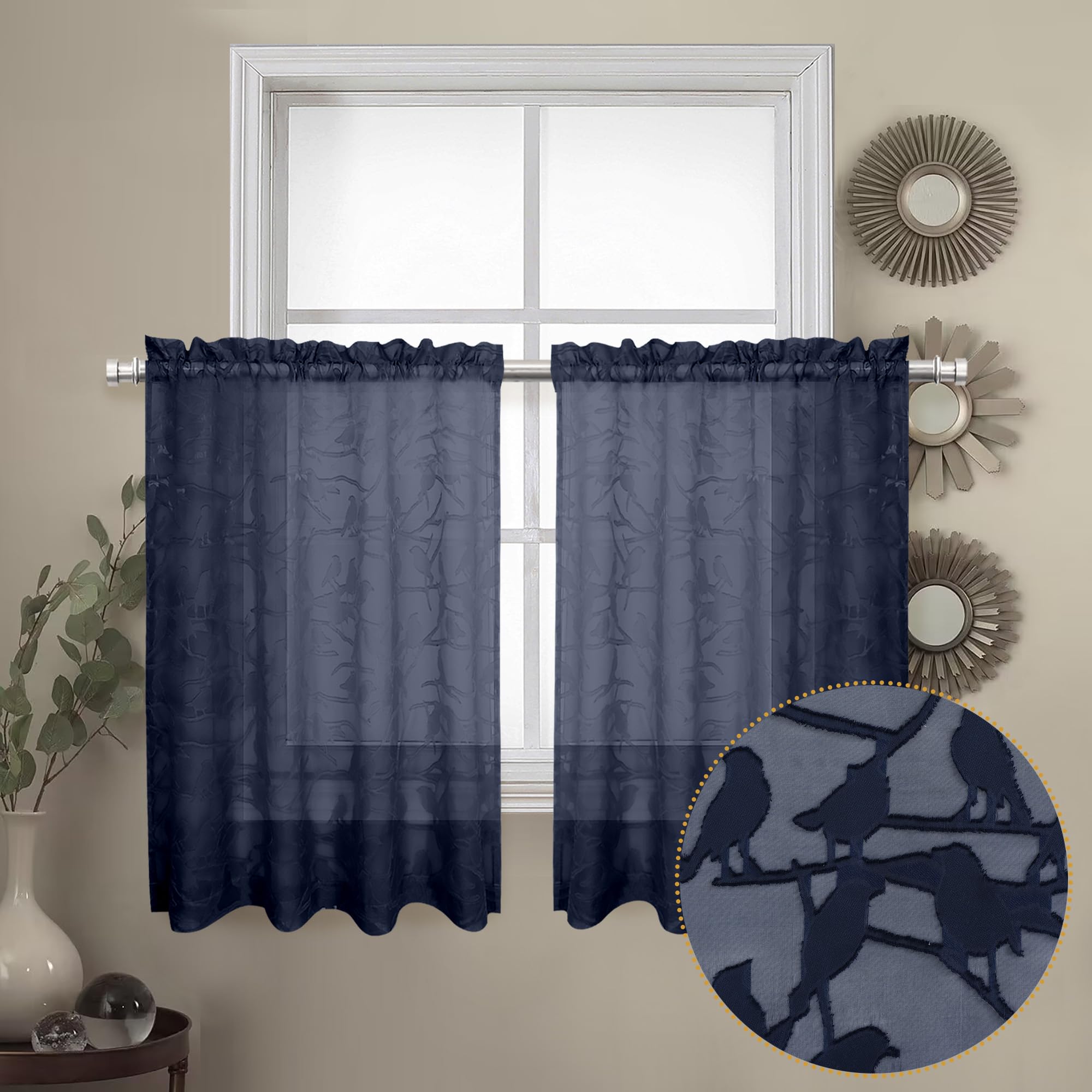 OVZME Anji Textured Blue Sheer Curtain 24 inch Length 2 Panels Set, Elegant Farmhouse Short Sheer Dining Curtains for Half Windows/Bathroom/Cafe/Living Room, Dual Rod Pocket, W38 x L24