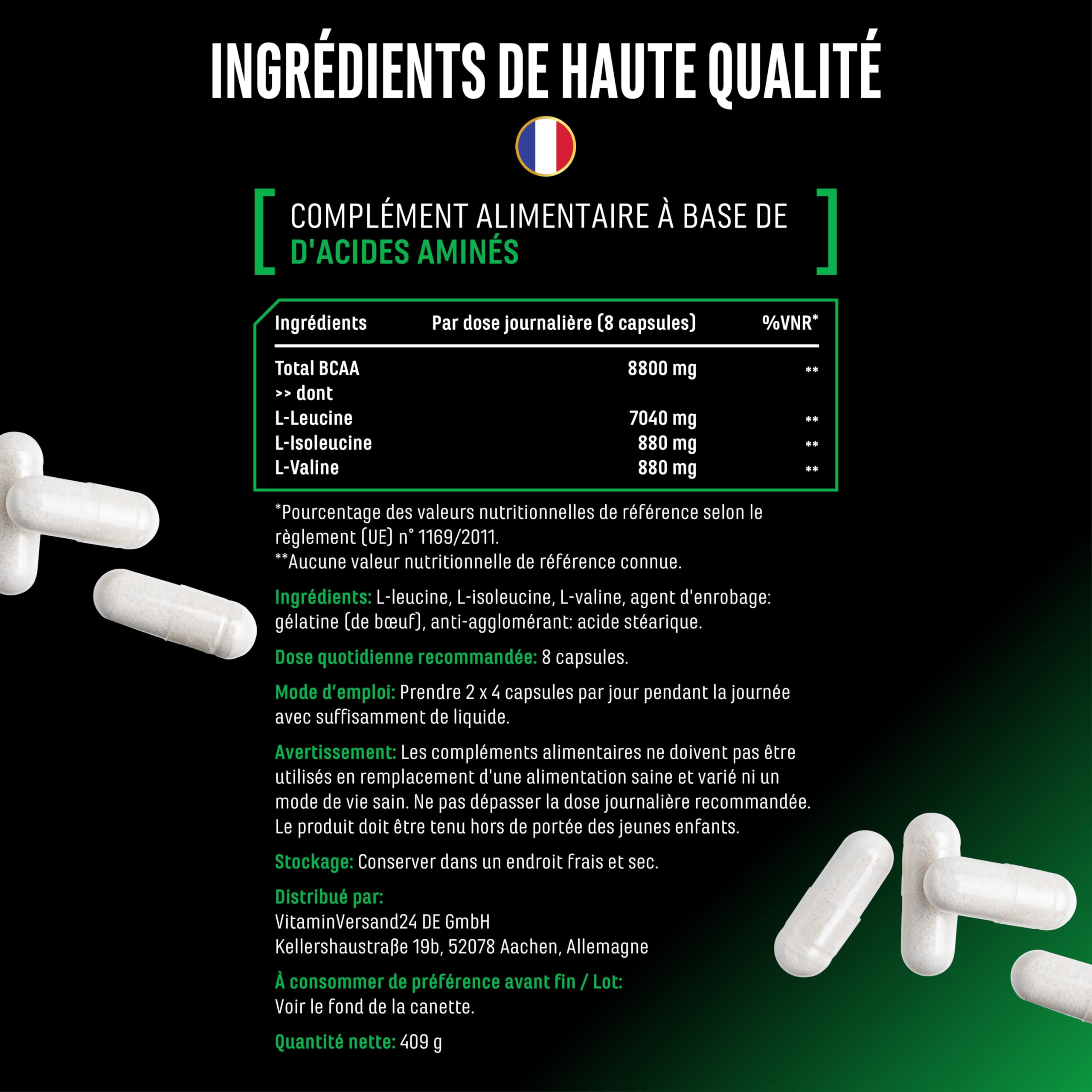BCAA Ultra Caps 320 Gélules - 1100 mg par Gélule - Extra Hautement Dosé & Pur - Ratio 8:1:1 - L-Leucine, L-Isoleucine, L-Valine - Acides Aminés Essentiels