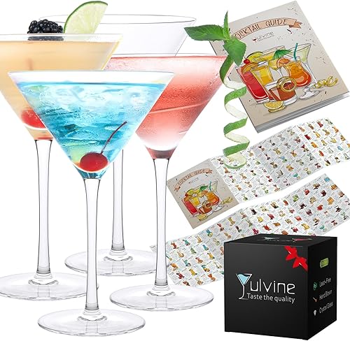 Juego de 4 vasos grandes de Martini soplados a mano de 10 onzas, vasos de cristal con guía de cócteles, para Margarita, gigante, espresso, postre,