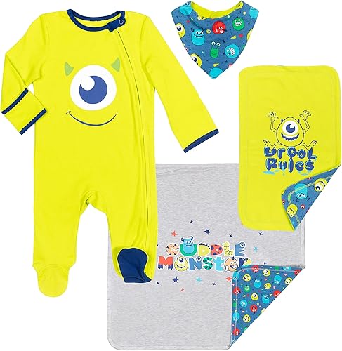 Disney Winnie the Pooh, Lion King, Pixar Monsters Inc. Baby Sleep N' Play - Conjunto de 4 piezas de manta con babero y paño para eructos