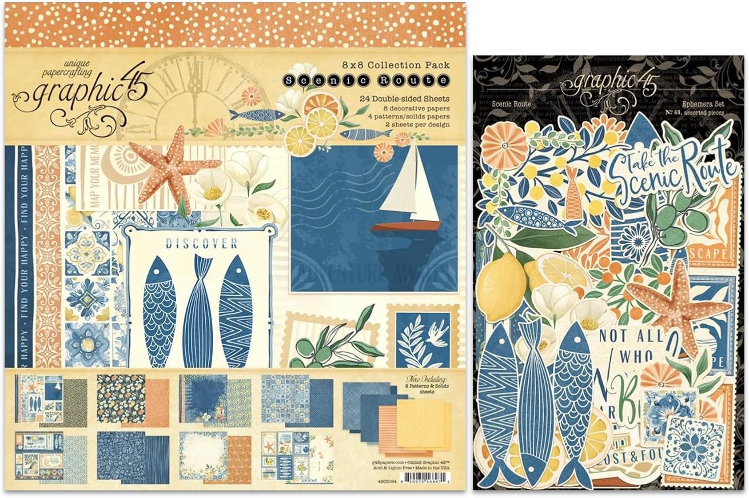 Graphic 45 Scenic Route Decorative Papers - 8x8 Paper Pack and Ephemera Die-Cuts