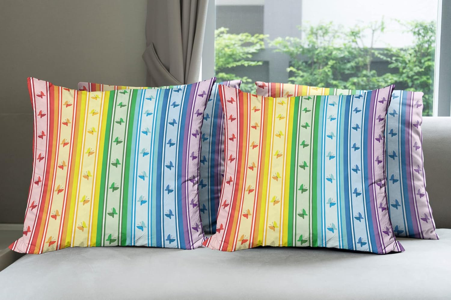 Ambesonne Geometric Decorative Throw Pillow Case Pack of 4, Striped Rainbow Pattern with Buttferflies Mixed Harmony Geometric Graphic Print, Cushion Cover for Couch Living Room Car, 24", Yellow Red