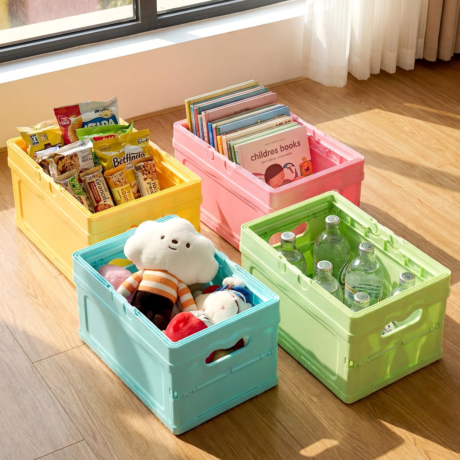 4 cajas de almacenamiento plegables con tapas, cestas de plástico plegables apilables de plástico para el hogar, cocina, oficina, baño, dormitorio, picnic (rosa, verde, azul, amarillo)