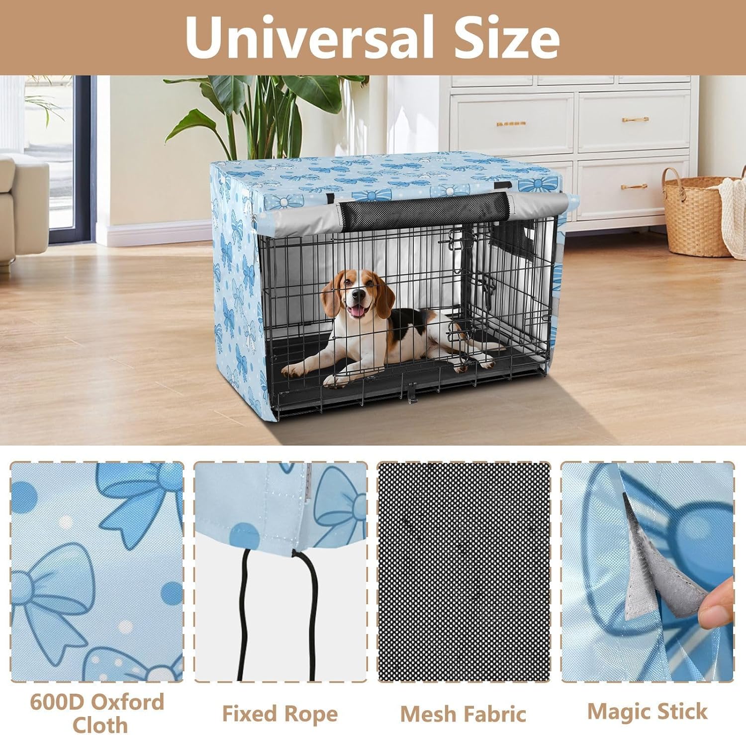 Duty 600D Silver Coated Dog Crate Cover, Water-Resistant Bow Print Pet Kennel Canopy with Mesh Windows for Optimal Ventilation, Universal Fit for Standard Wire Cage, Indoor & Travel