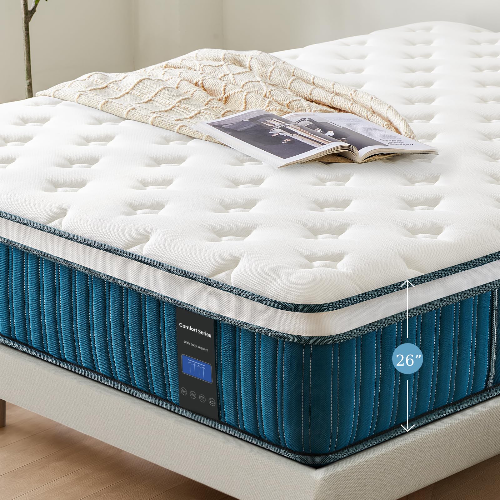 Coolvie Colchón de 120 x 190 cm en caja, 7 zonas de dureza H2 y H3, colchón ortopédico de muelles ensacados de 26 cm con espuma viscoelástica que alivia la espalda, certificado Öko-Tex, para niños y