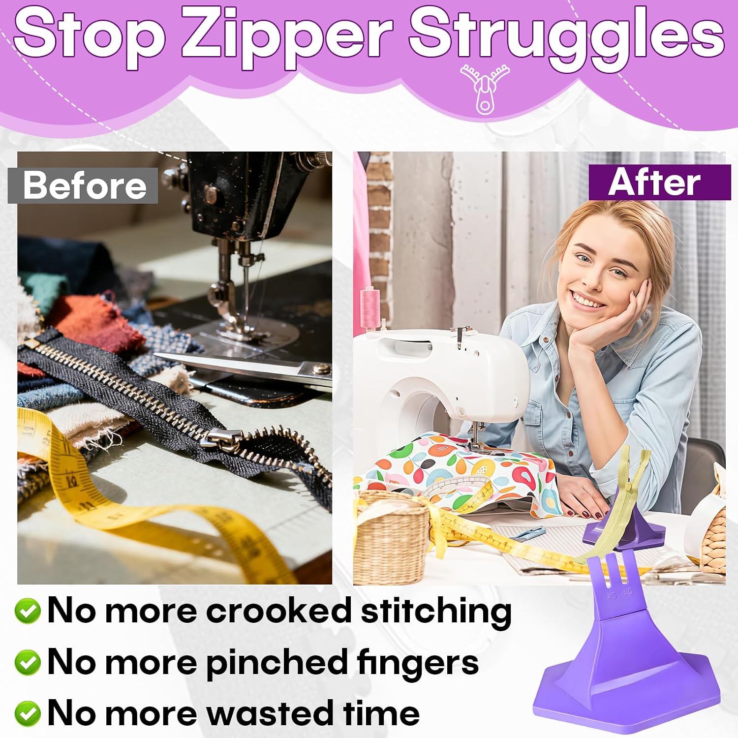 Upgraded 3-Prong Zipper Jig Tool with Self-Adhesive Backing, Portable Sewing Accessory for Smooth Installation & Repair of Size 3/5 Zippers