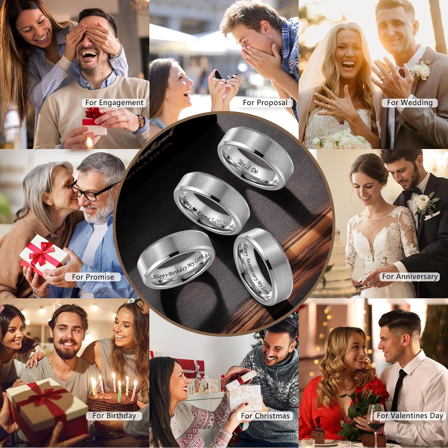 Personalized Tungsten Ring for Men 6mm/8mm Black Tungsten Carbide Engagement Wedding Band Brushed Matte Finish Customized Promise Ring Domed Comfort Fit Size 6-13 - Image 4