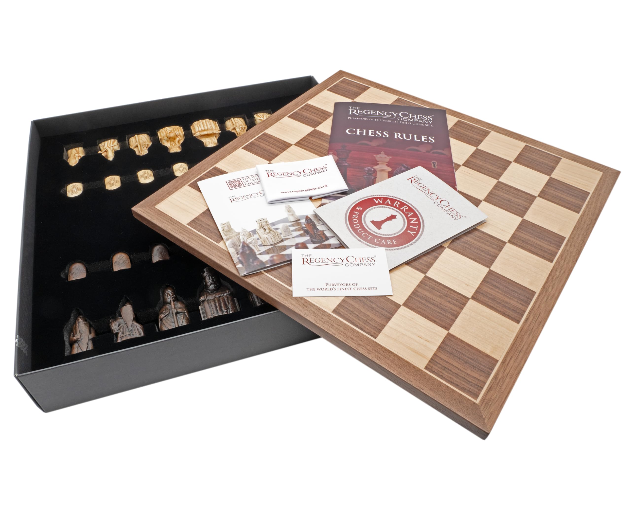 Ensemble d'échecs de luxe de l'île de Lewis – Lesté et feutré – Planche de placage noyer et érable avec protections en caoutchouc – Comprend des règles, un dépliant de l'île de Lewis et un chiffon de